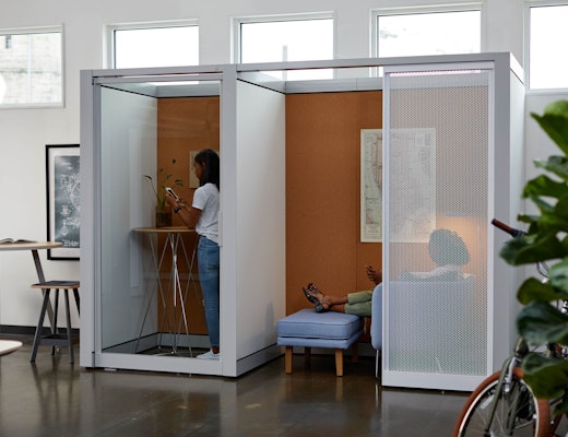 Rockwell Unscripted Refuges rockwell unscripted creative wall refuge room private focus phone room enclosed room occasional table bistro table upholstered seat swivel stool petite ottoman petite club chair wire base muuto leaf floor lamp easy table counter height hospitality