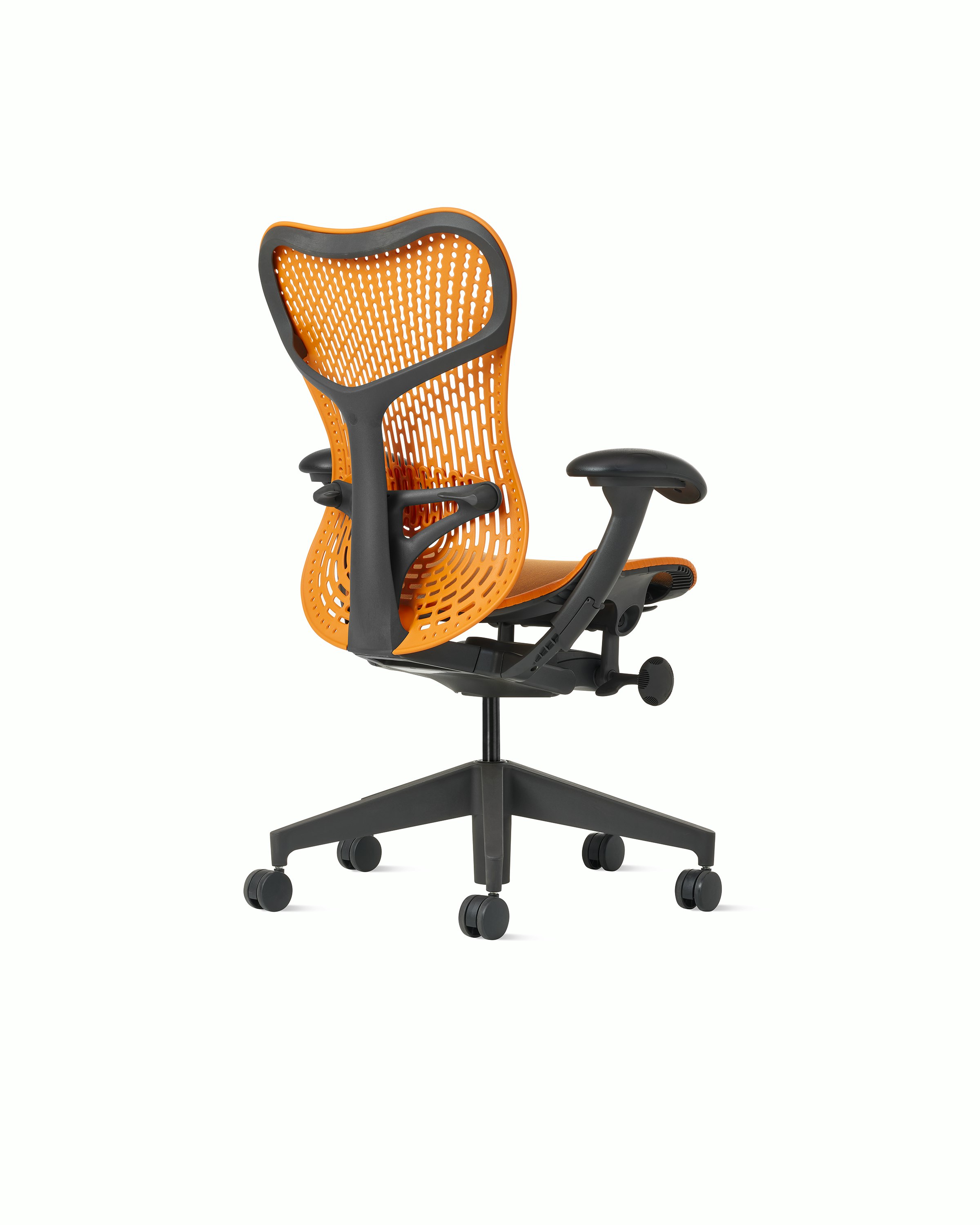 Rear angle view of a Mirra2 chair with a Trflex back in ochre. 