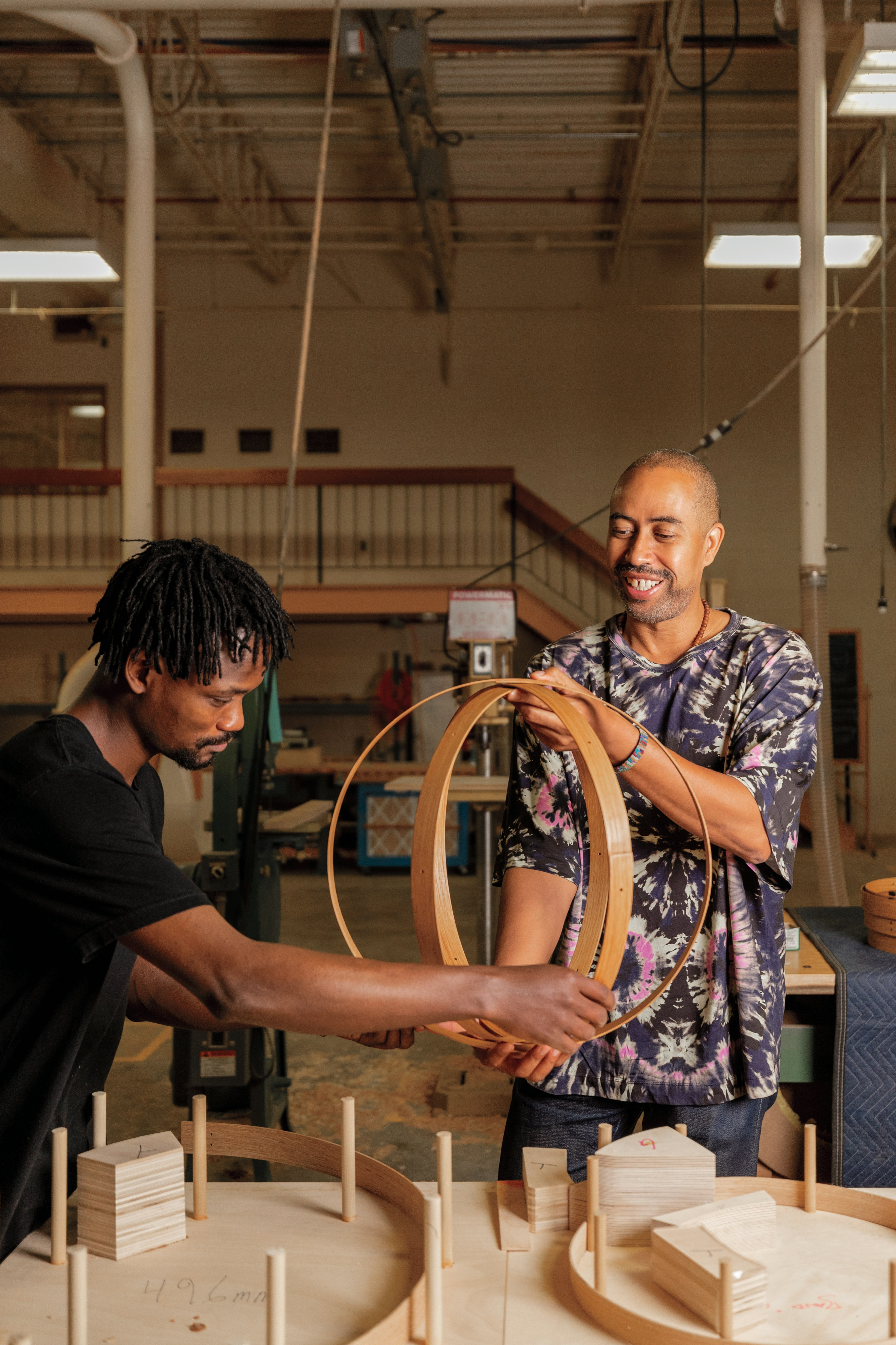 Stephen Burks and assistant making white oak wooden basket