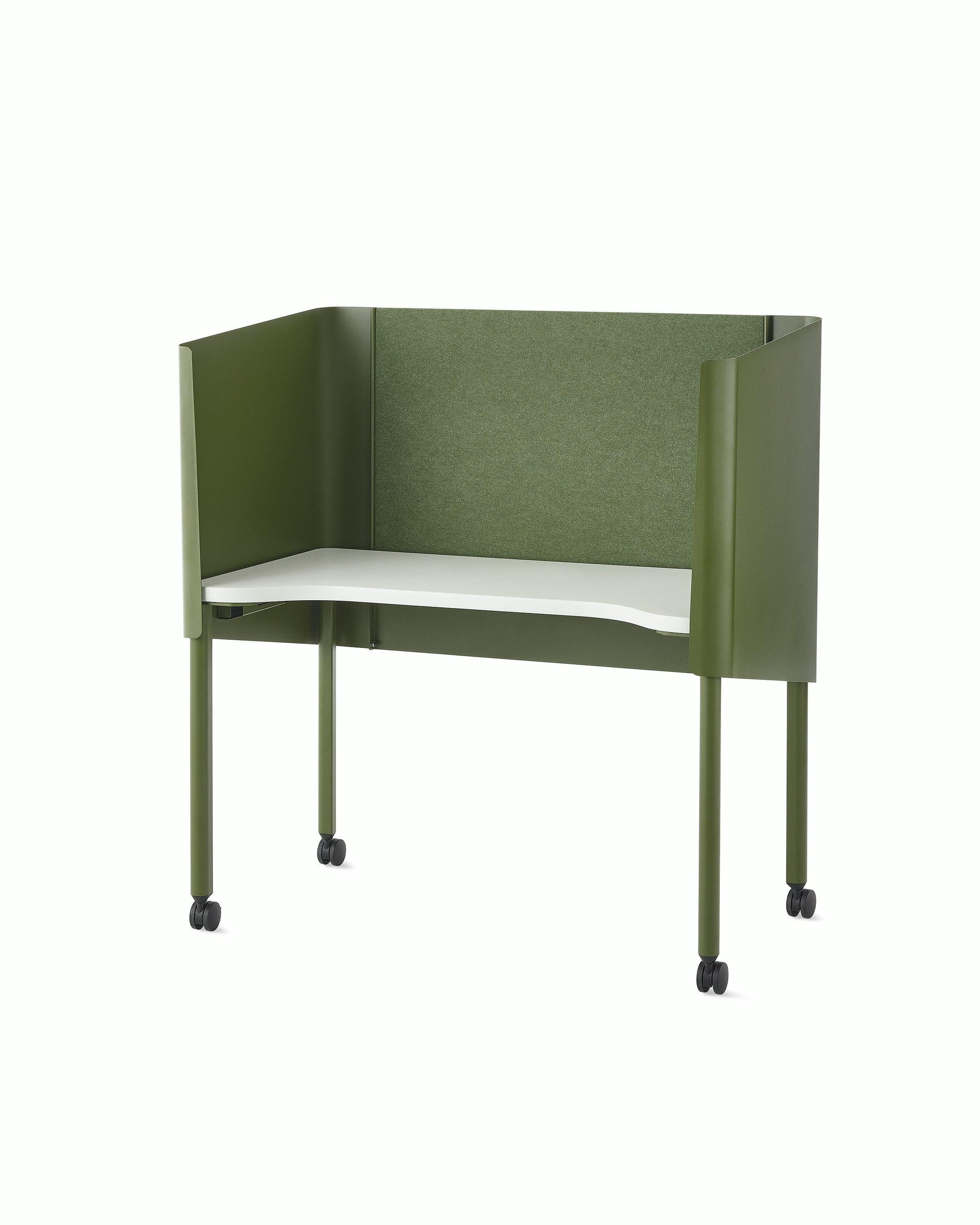 A green OE1 Nook with white surface and casters, viewed from a front angle.