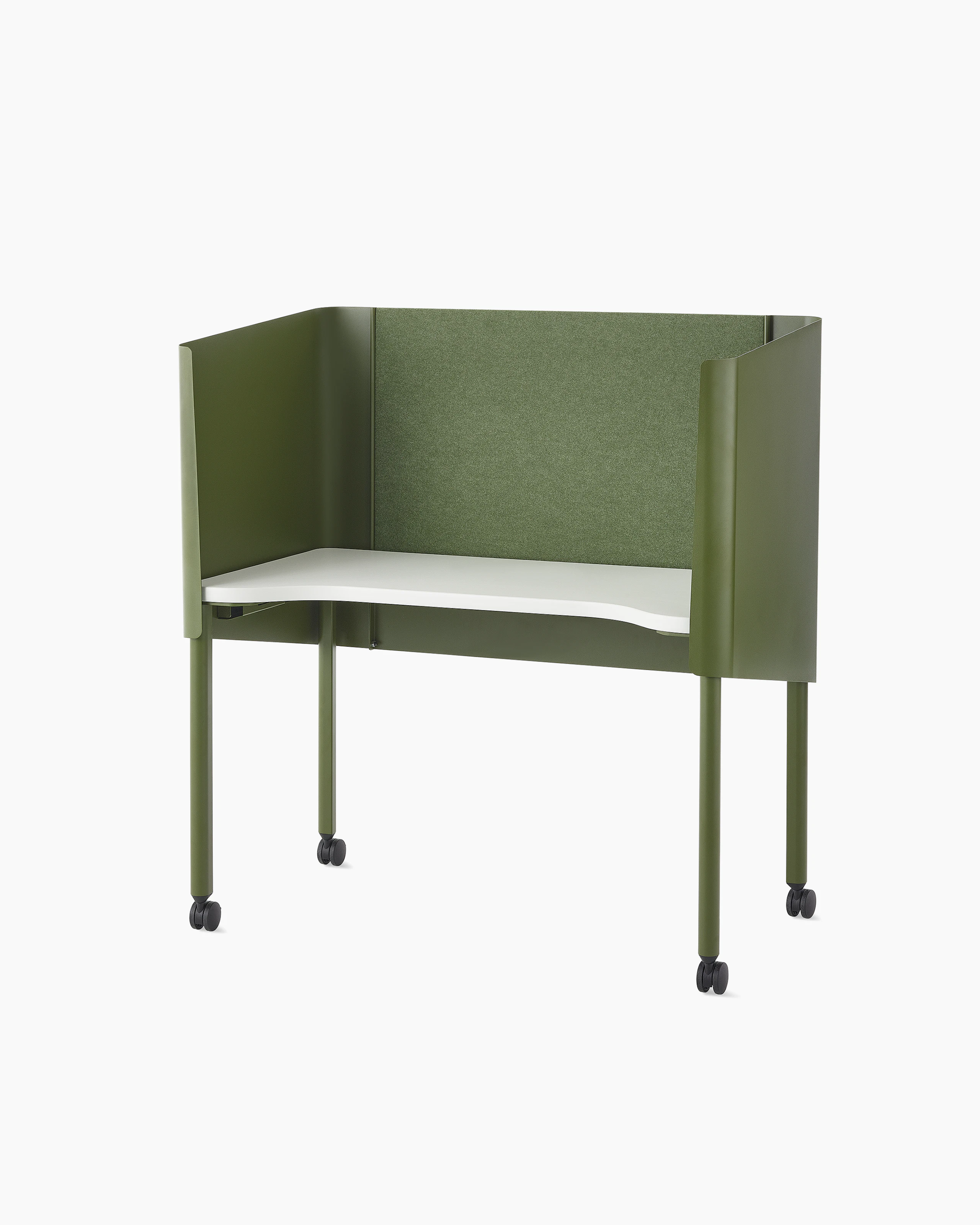 A green OE1 Nook with white surface and casters, viewed from a front angle.