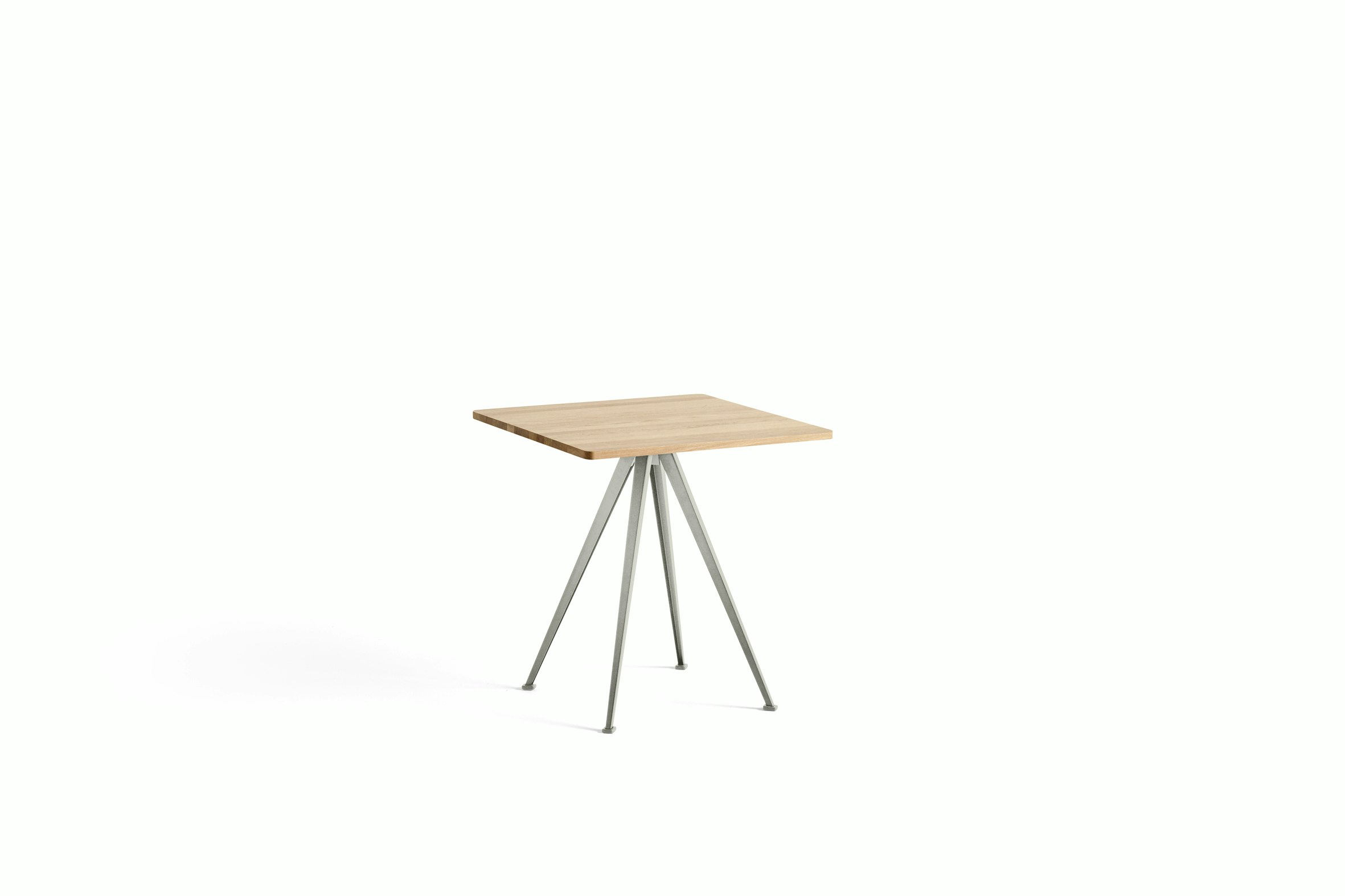 A front view of the Pyramid Cafe Table- square with Oak top and beige frame.