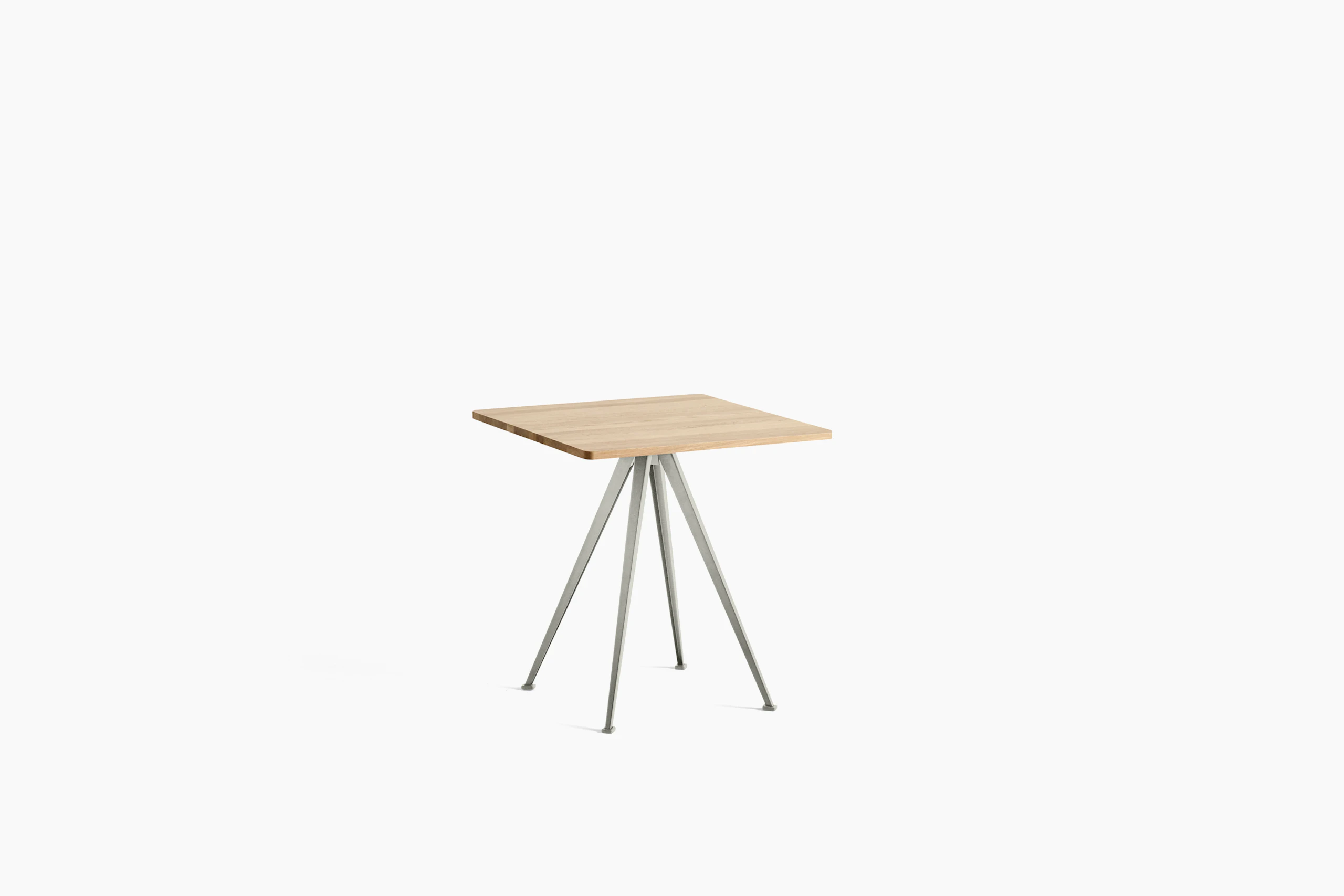 A front view of the Pyramid Cafe Table- square with Oak top and beige frame.