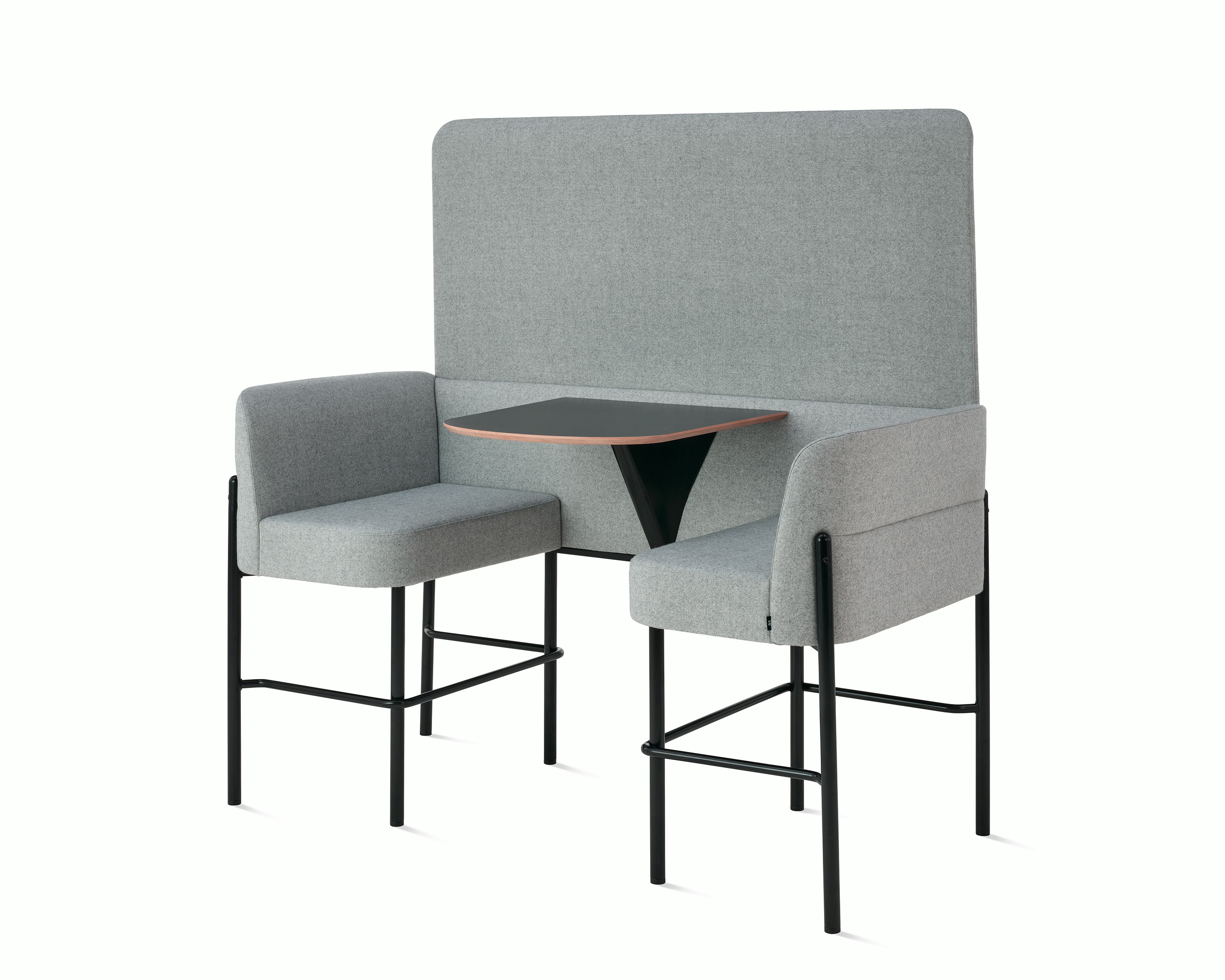 White sweep of Hue booth and screen with grey fabric and black steel base