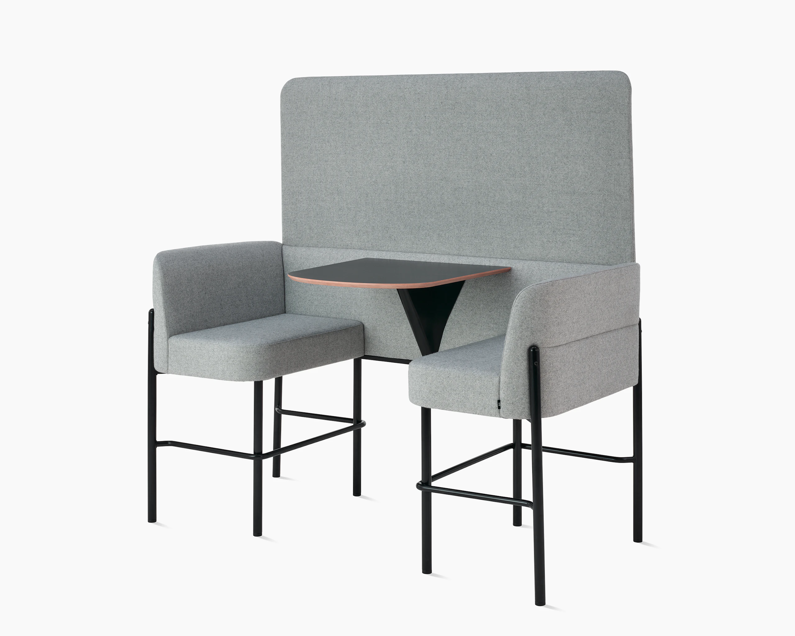 White sweep of Hue booth and screen with grey fabric and black steel base