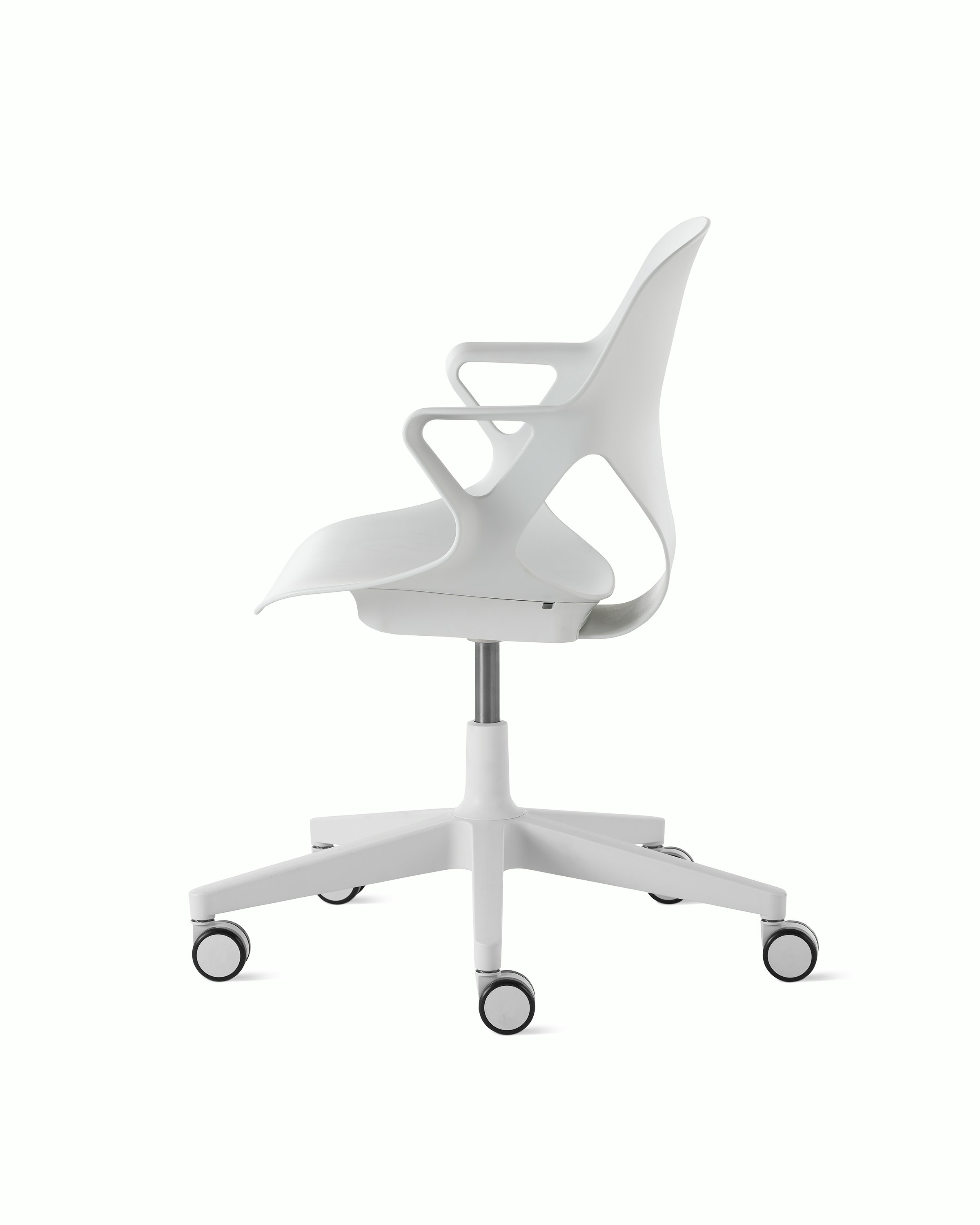 Side view of a Zeph chair with fixed arms in light grey.