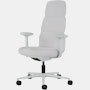 Front angle view of a high-back Asari chair by Herman Miller in light grey with height adjustable arms.