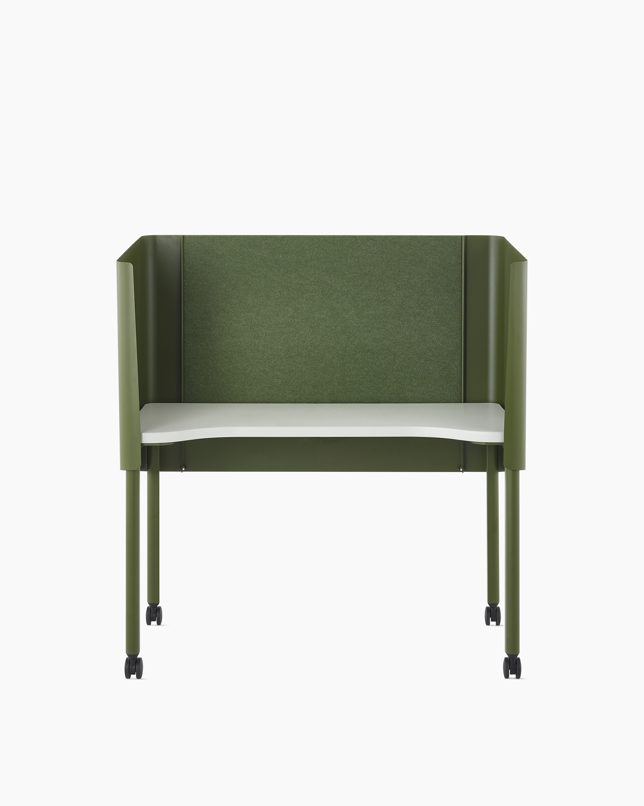 Green OE1 Nook with white surface and casters, viewed from the front.