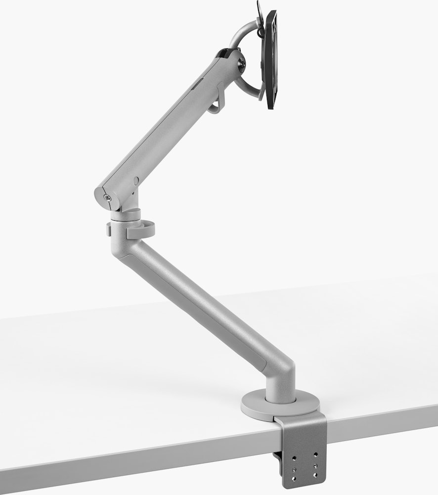 Silver Flo Single-Screen Monitor Arm, viewed from the side.