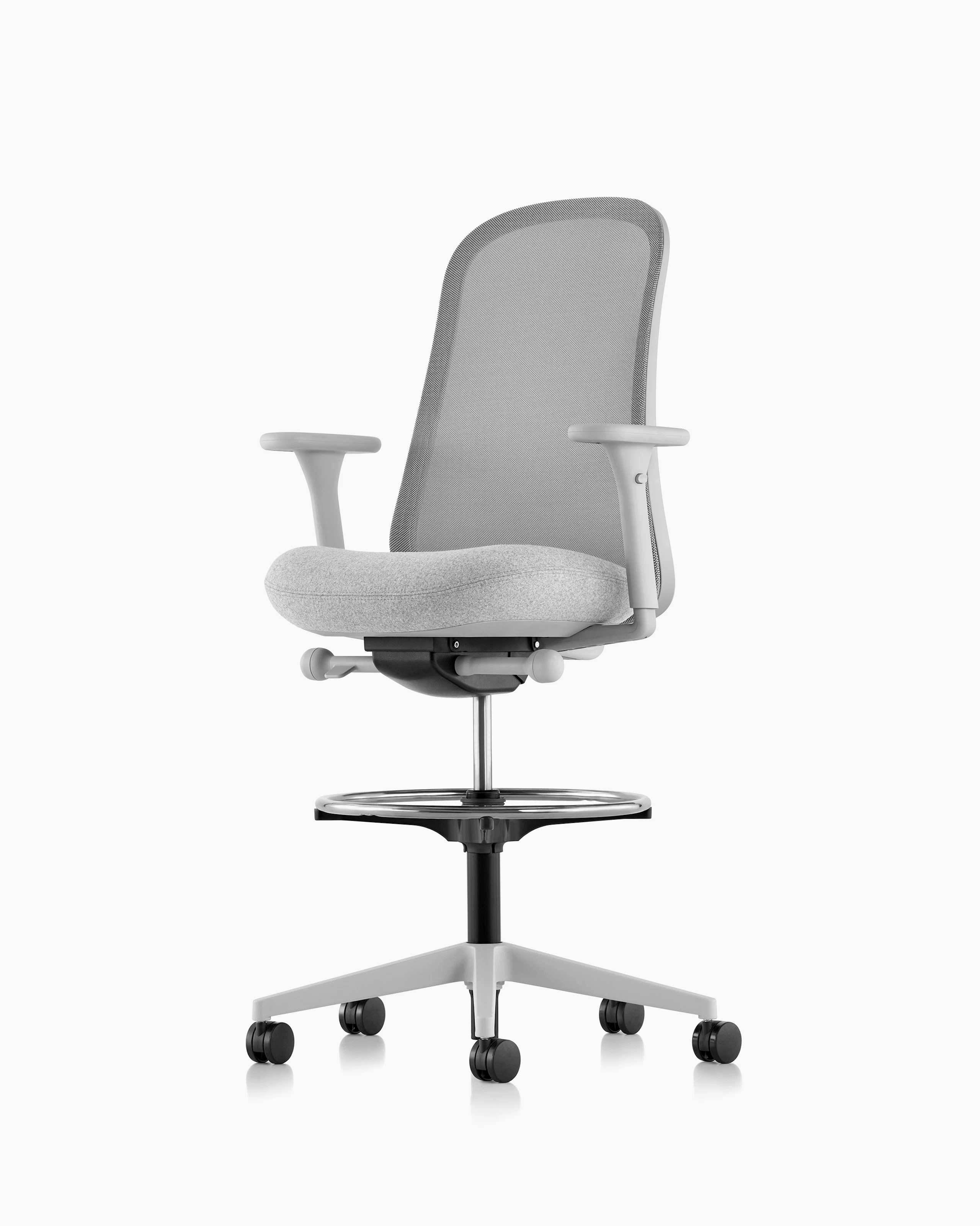 Light grey Lino Stool with a suspension back and upholstered seat, viewed from a 45-degree angle.