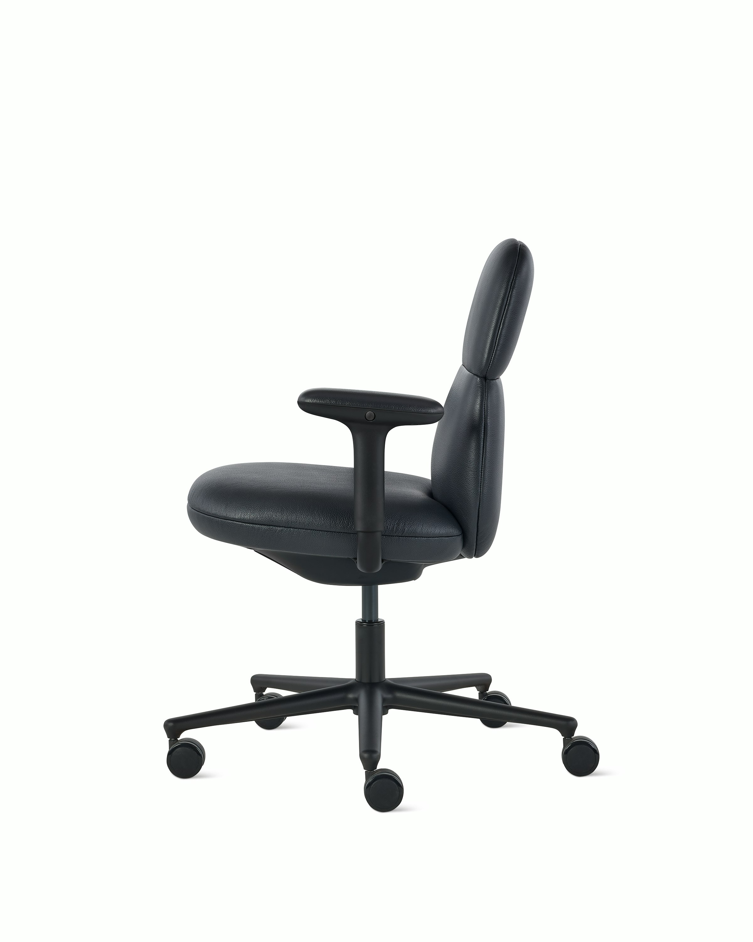 Side view of a mid-back Asari chair by Herman Miller in black leather with height adjustable arms.