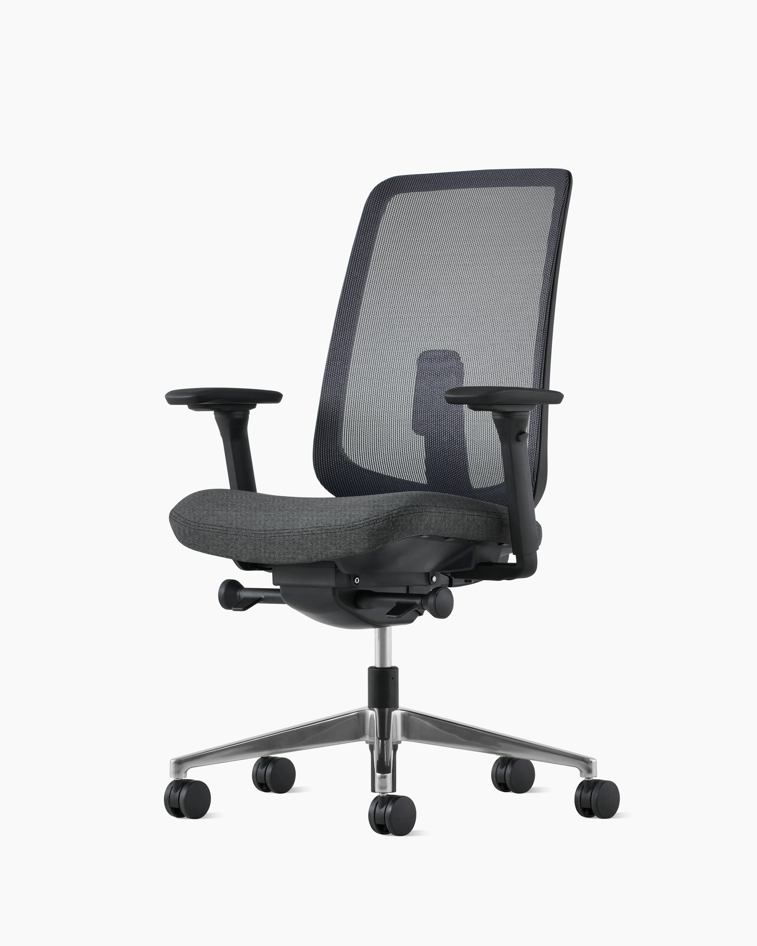 A black Verus Chair with suspension back, viewed at an angle.
