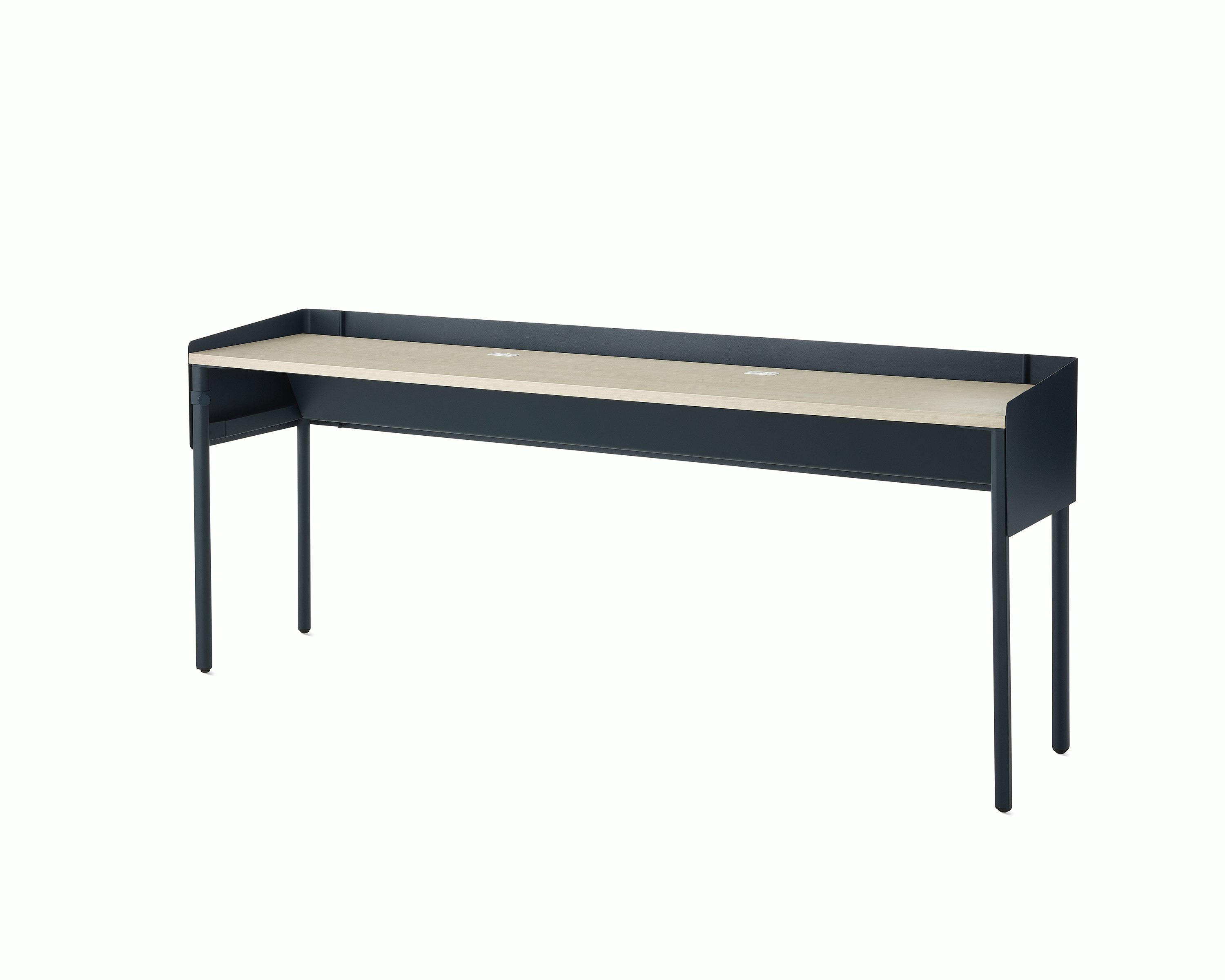 Dark blue, single sided OE1 Communal Table with light brown surface, viewed from an angle.