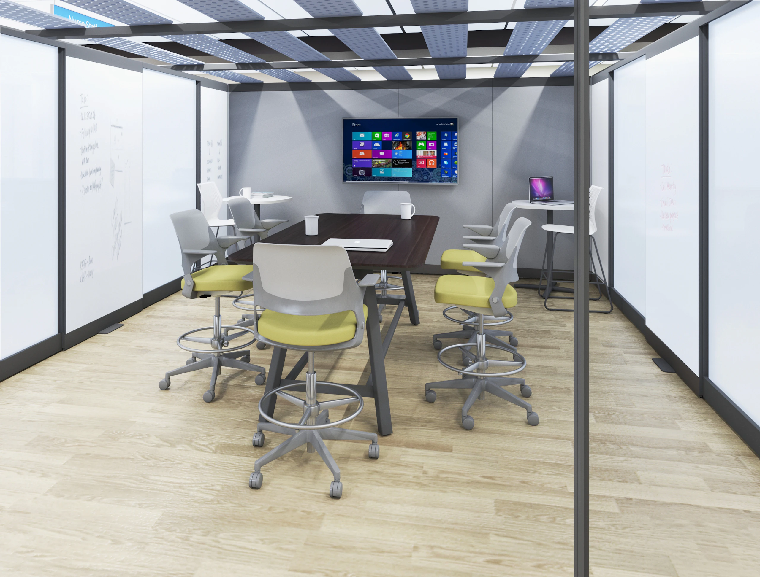 healthcare private staff meeting area rockwell unscripted creative wall fitzfelt ceiling planks rockwell unscripted tall table ollo light task seating islands collection by knoll table multigeneration by knoll counterheight stool