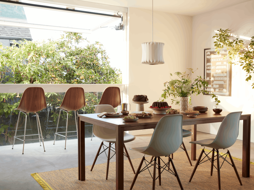 Eames Molded Chairs and Stools with Doubleframe Table and Nelson Lantern Pendant