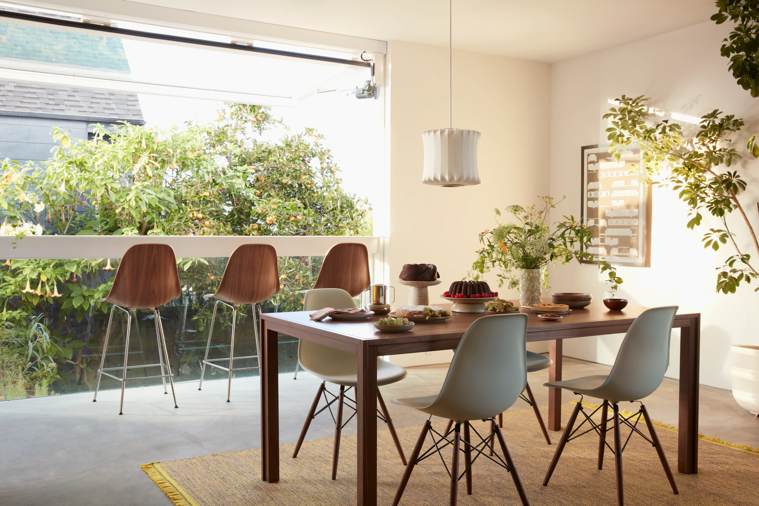 Eames Molded Chairs and Stools with Doubleframe Table and Nelson Lantern Pendant