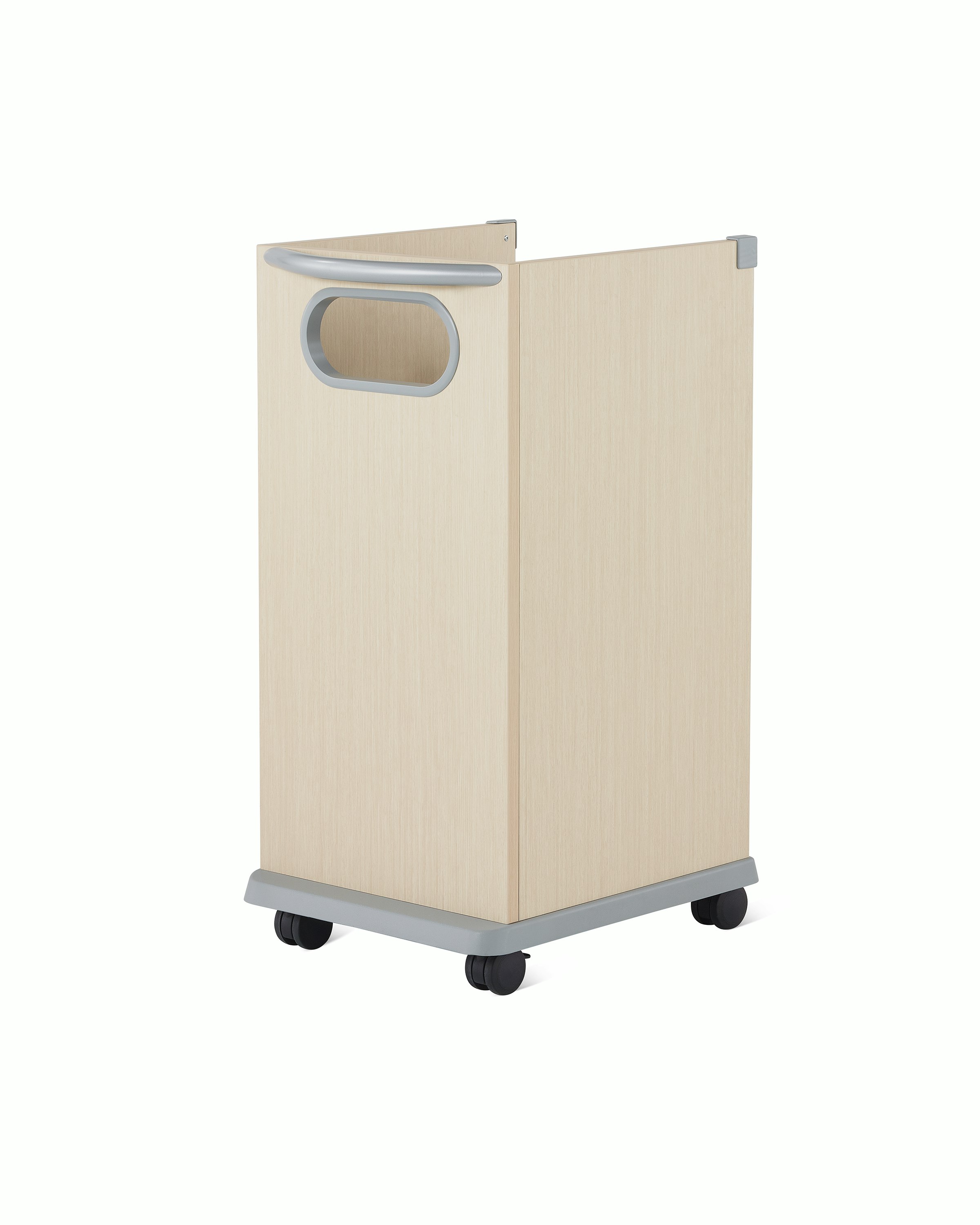 Three-quarter view of a Mora casework mobile trash cart in a light ash finish.