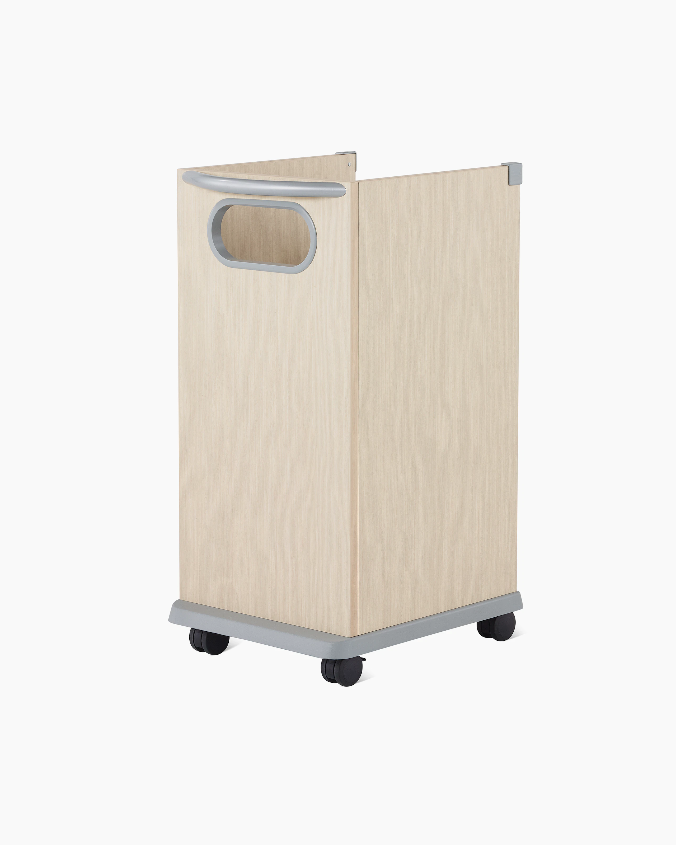 Three-quarter view of a Mora casework mobile trash cart in a light ash finish.