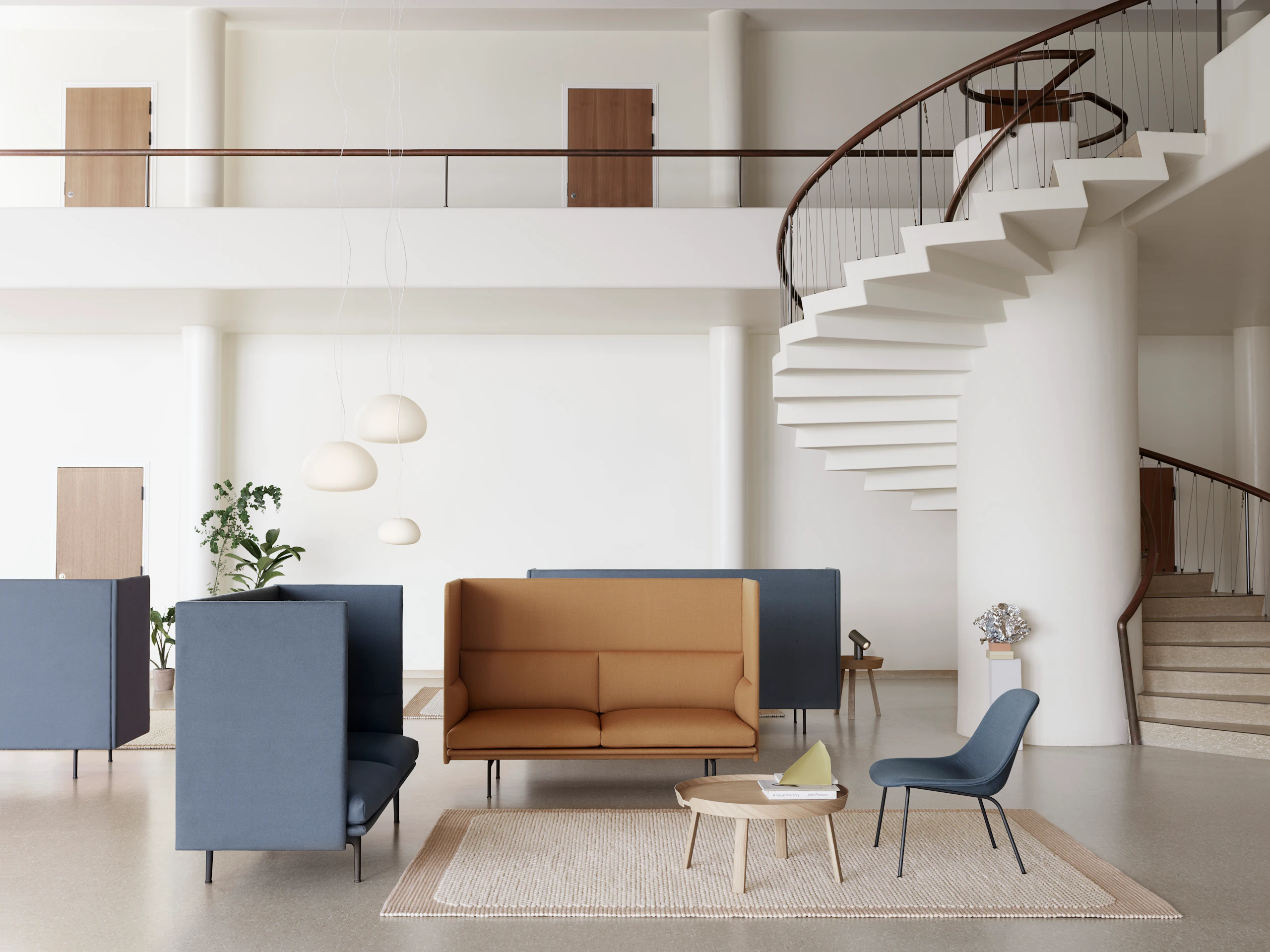 Outline Highback Sofa Divina 154, Outline Highback Sofa Vidar 472, Pebble Rug Burnt Orange, Fiber Lounge Chair Tube Base Divina 154/Black, Around Coffee Table Oak, Beam Lamp Green, Fluid Pendant Lamp