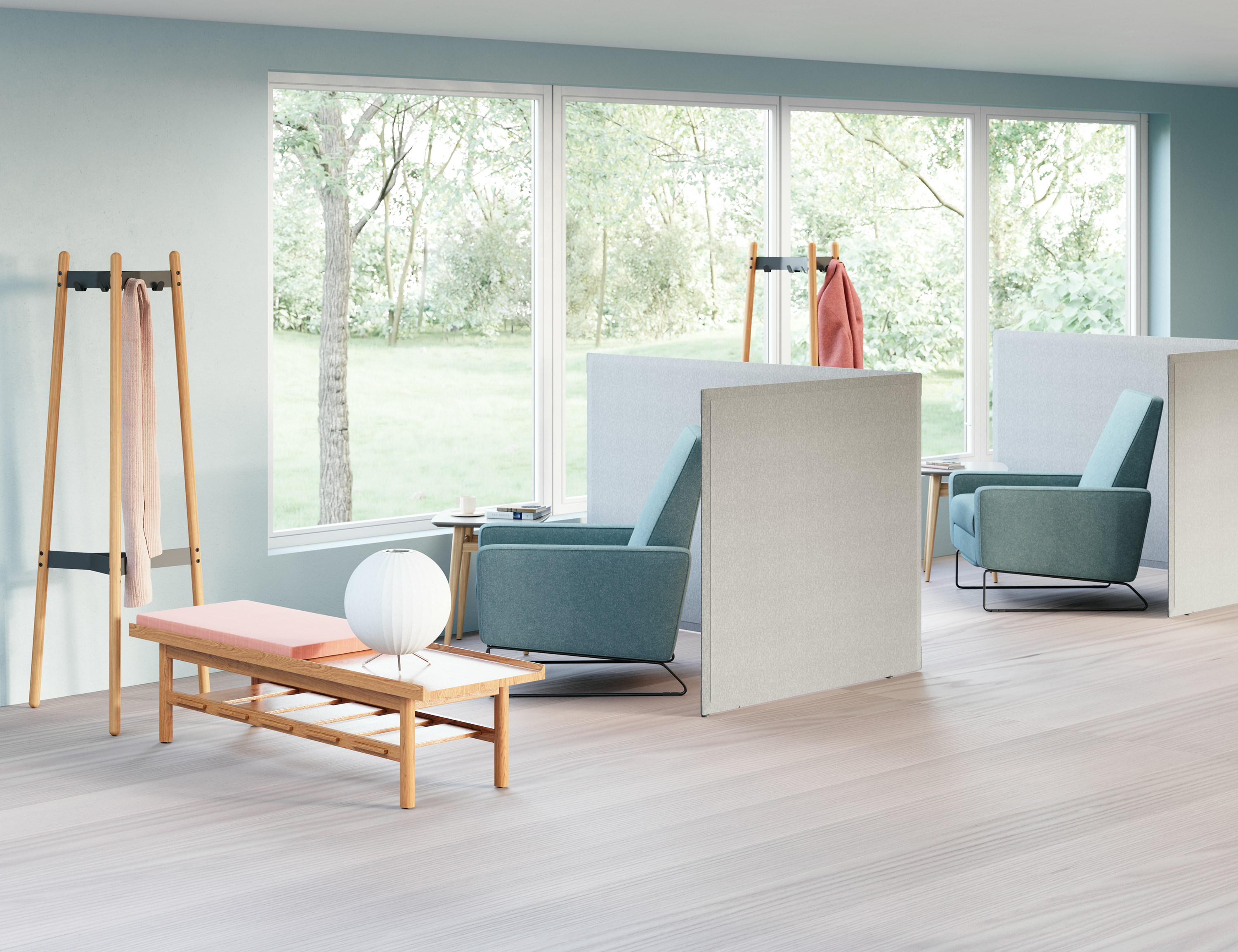 Shared clinical respite space with DWR Flight Recliner with Nemschoff Palisade Side Table with Nemschoff Tamarack Table and Bench with Pari Freestanding screens with naughtone Hudson Coat Stand.