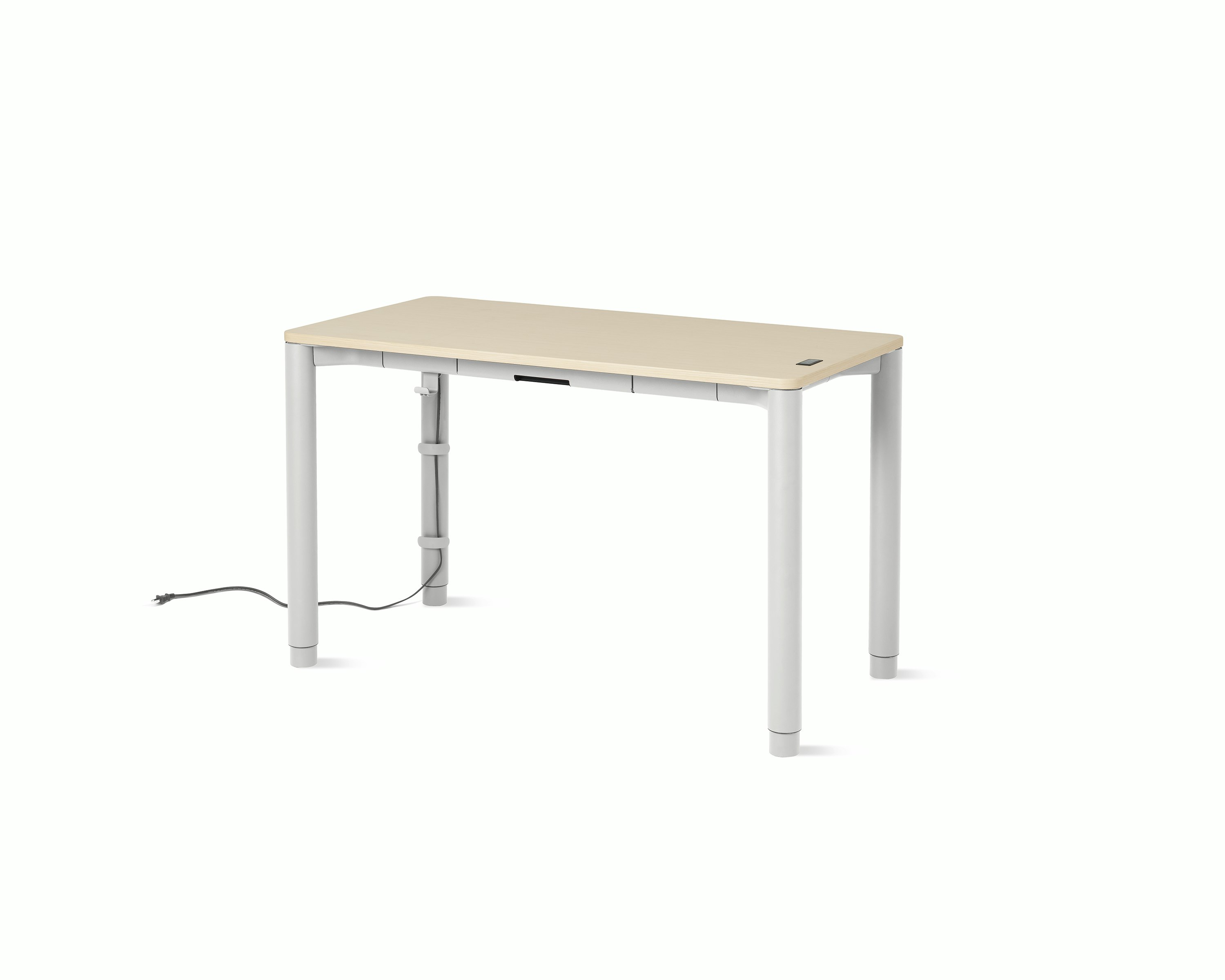 Four leg height-adjustable table shown with a light woodgrain surface and white legs.