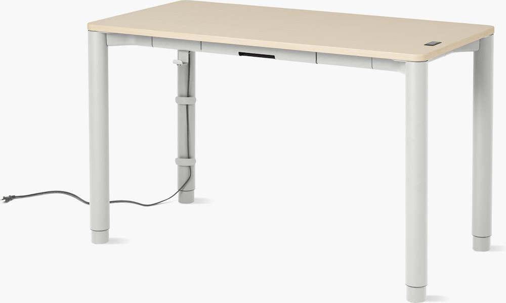 Four leg height-adjustable table shown with a light woodgrain surface and white legs.