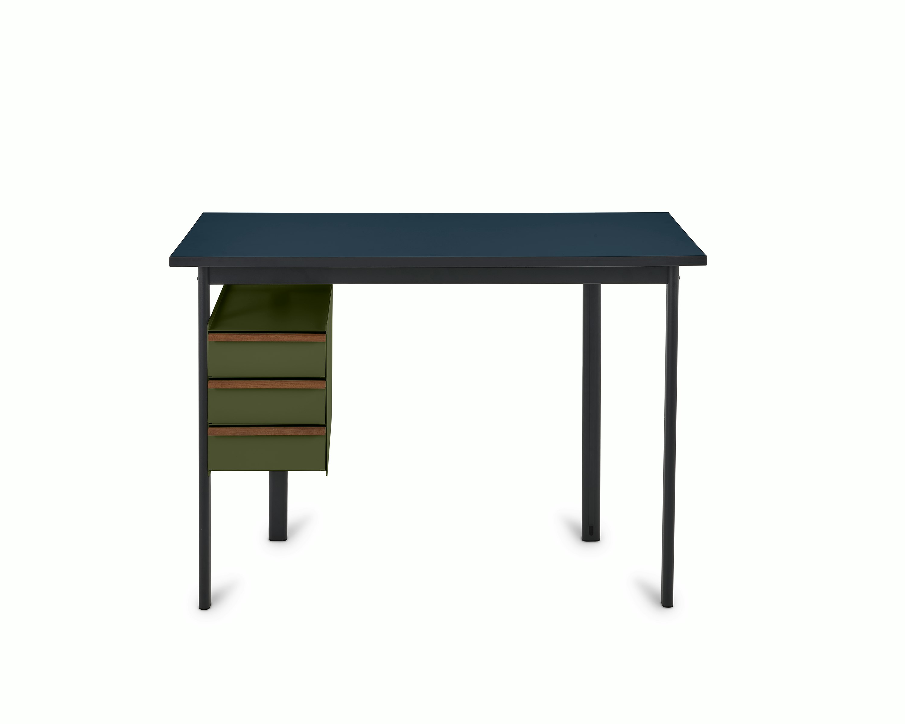Mode desk with deep sea blue top and olive drawers.