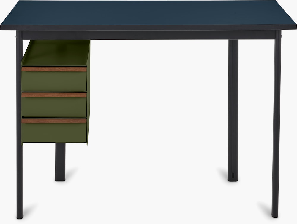 Mode desk with deep sea blue top and olive drawers.