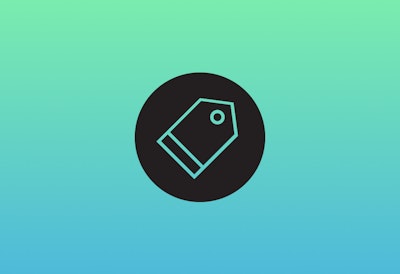 A black icon of a merchandise tag, overlaying a blue gradient background.