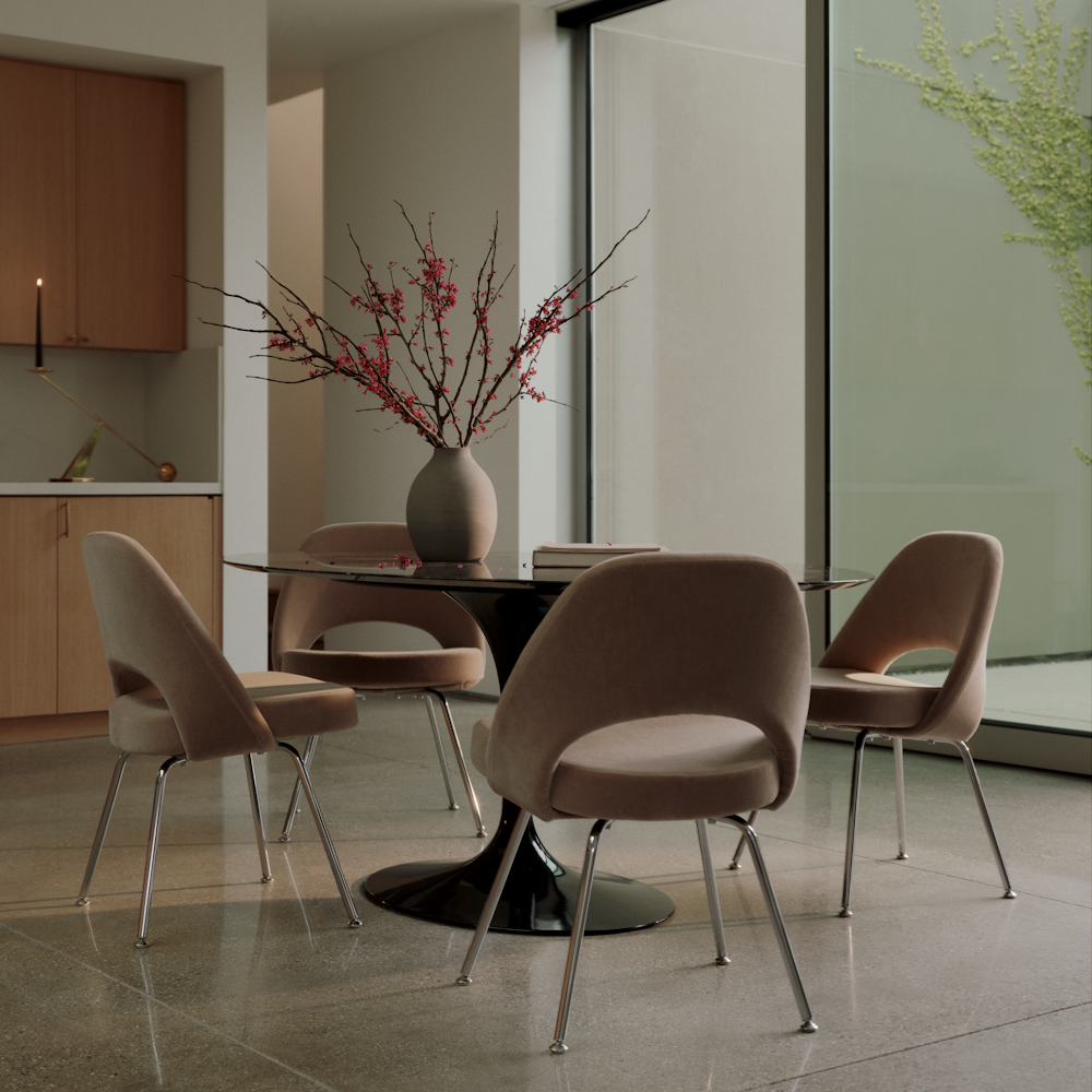 Saarinen Round Dining Table in Espresso Marble with Saarinen Dining Chairs