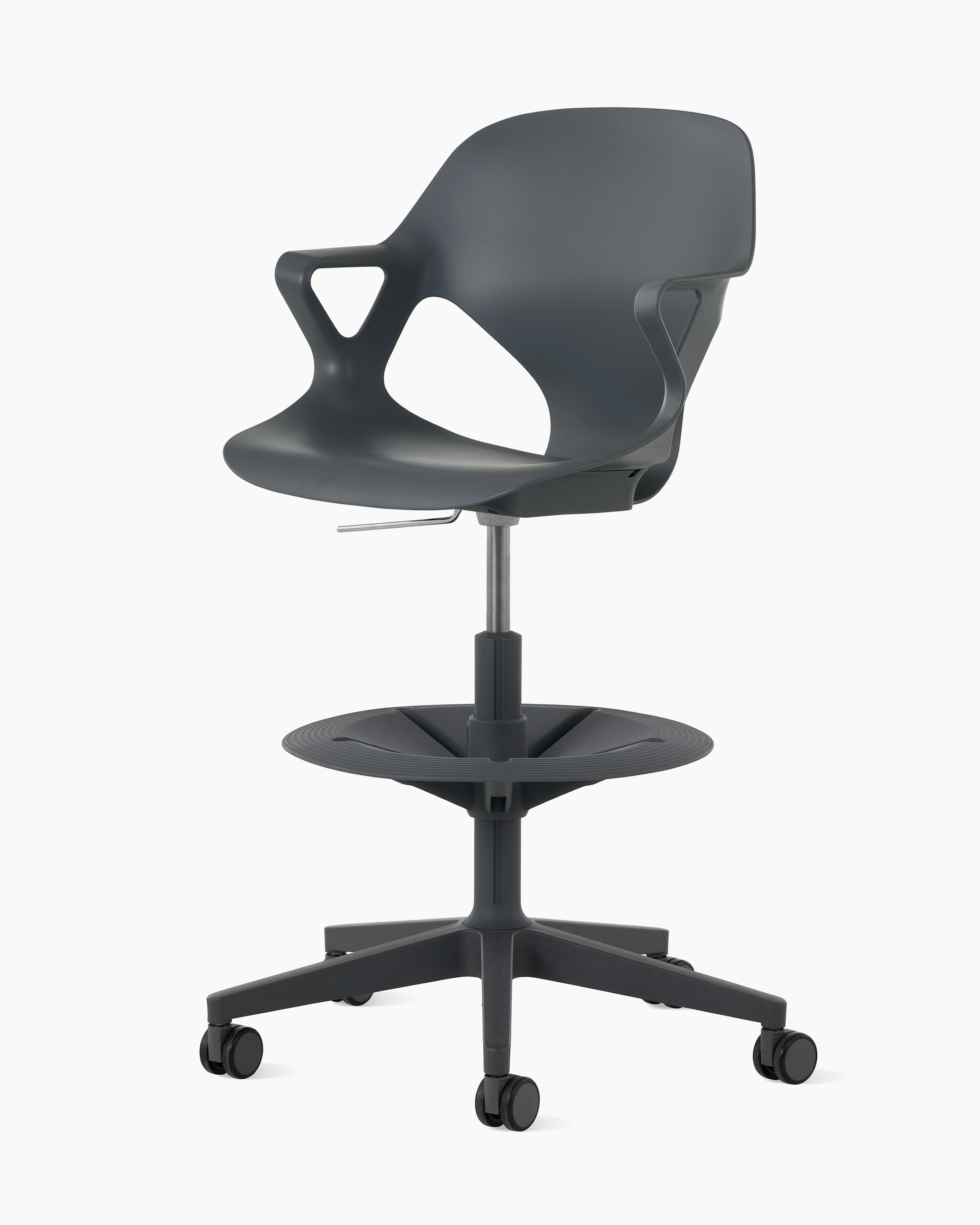 Front angle view of a Zeph chair with fixed arms in dark grey.