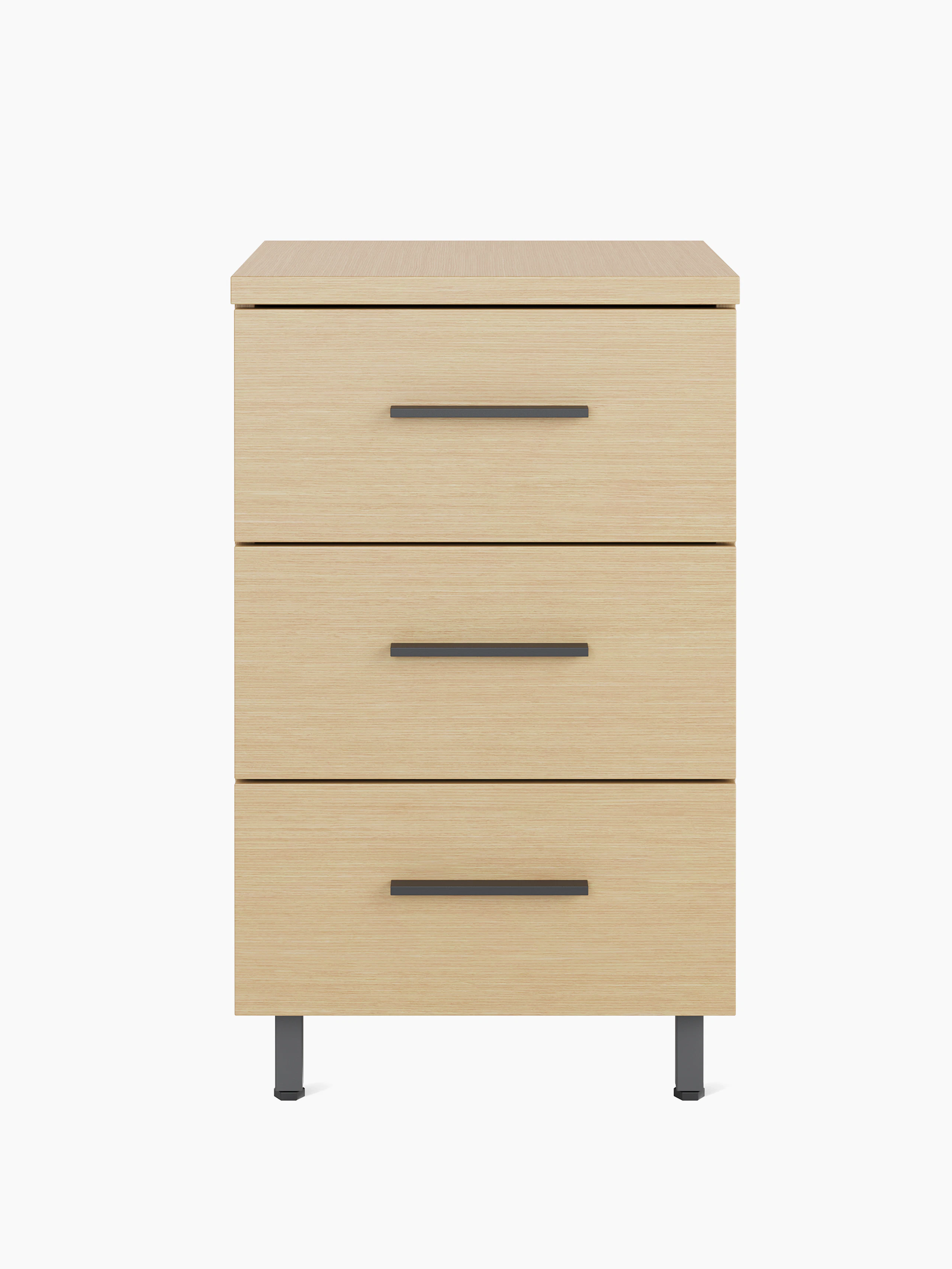 Front view of a single Nemschoff Bedside Cabinet in a oak on ash finish with three drawers, graphite bar pulls, and metal raised legs.