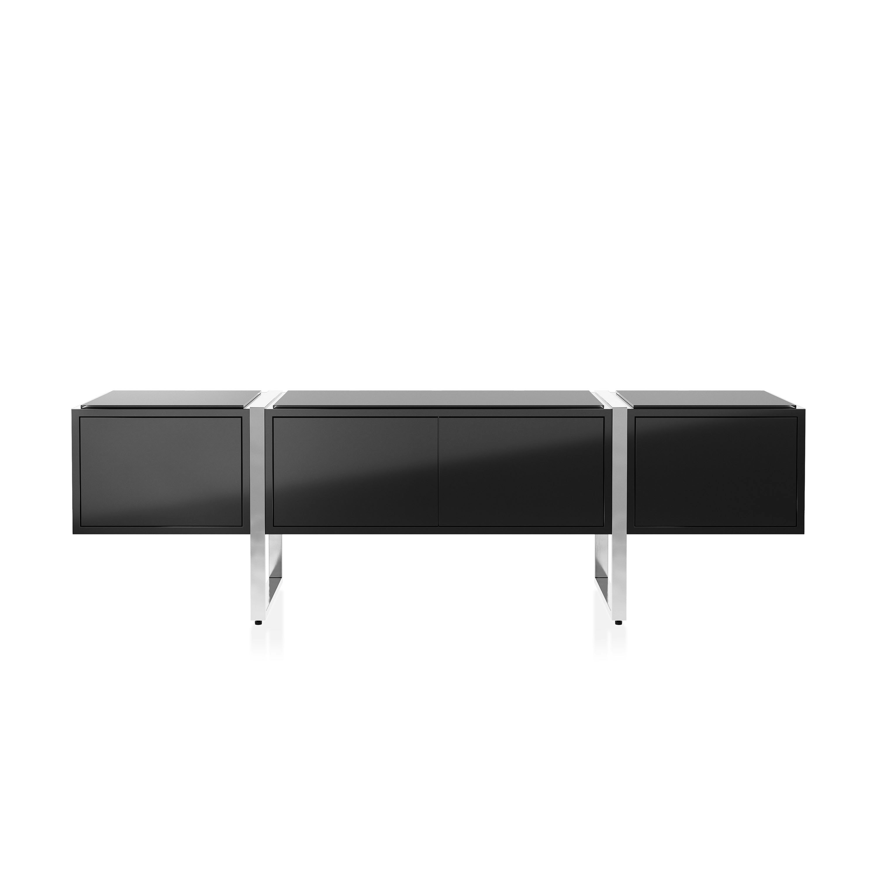 Highline Credenza in Black Polyester with Clear Black Backpainted Glass top and Polished Chrome legs viewed from the front.