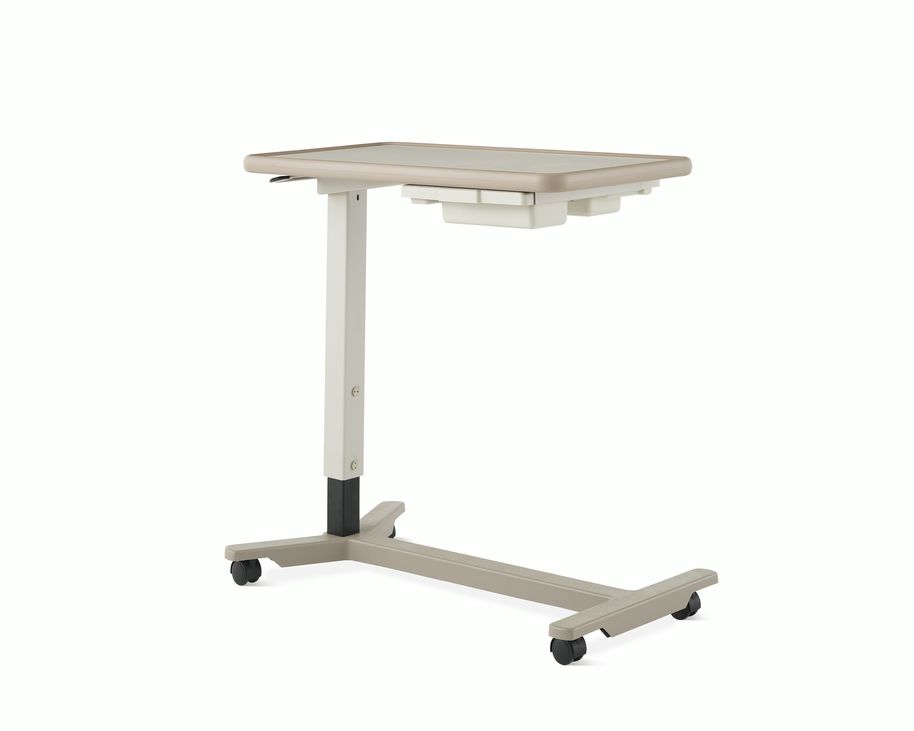 Angled view of EZ-123 Overbed Table with folkstone grey laminate top, pewter urethane edge, ash gray column, and titanium base.
