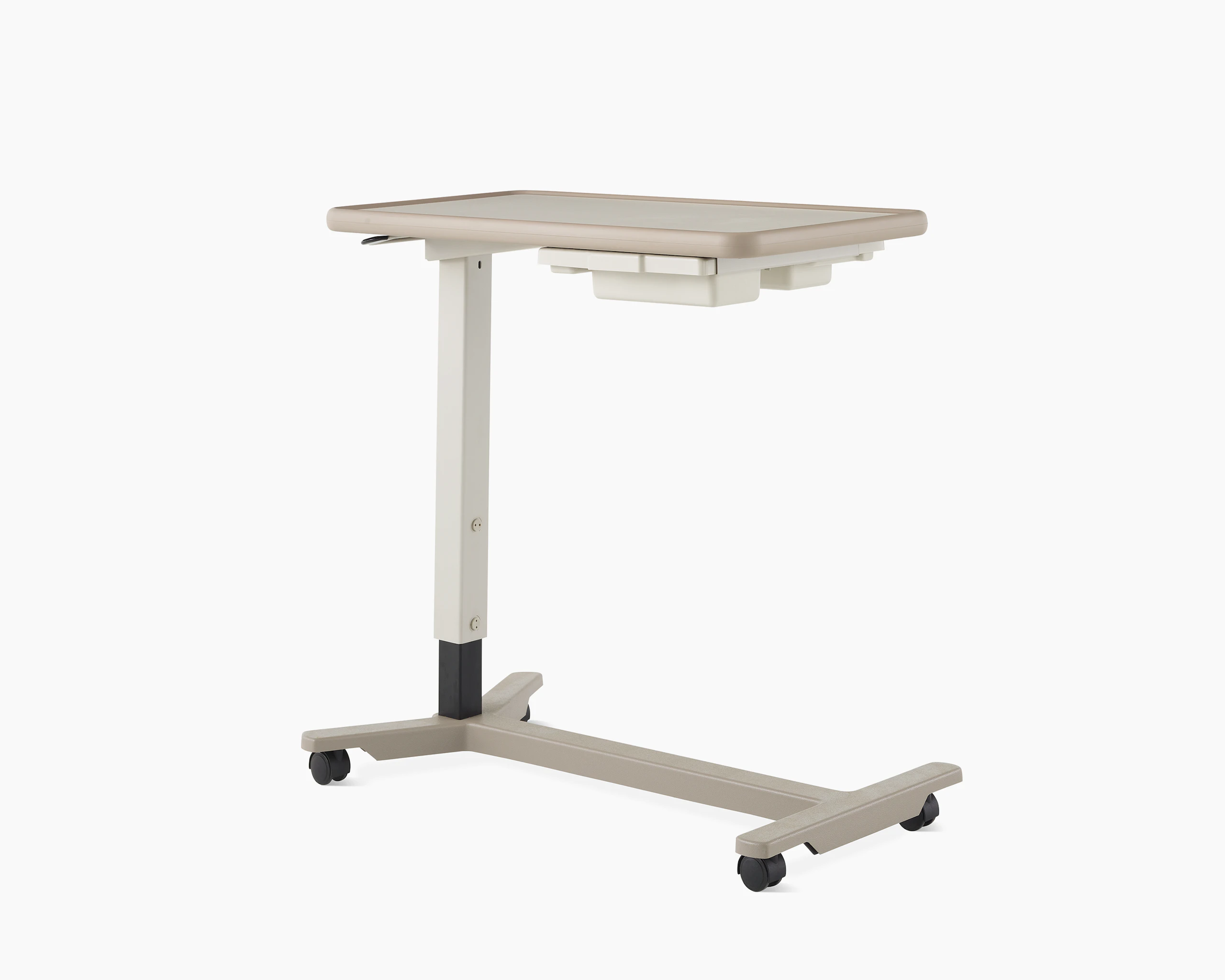 Angled view of EZ-123 Overbed Table with folkstone grey laminate top, pewter urethane edge, ash gray column, and titanium base.