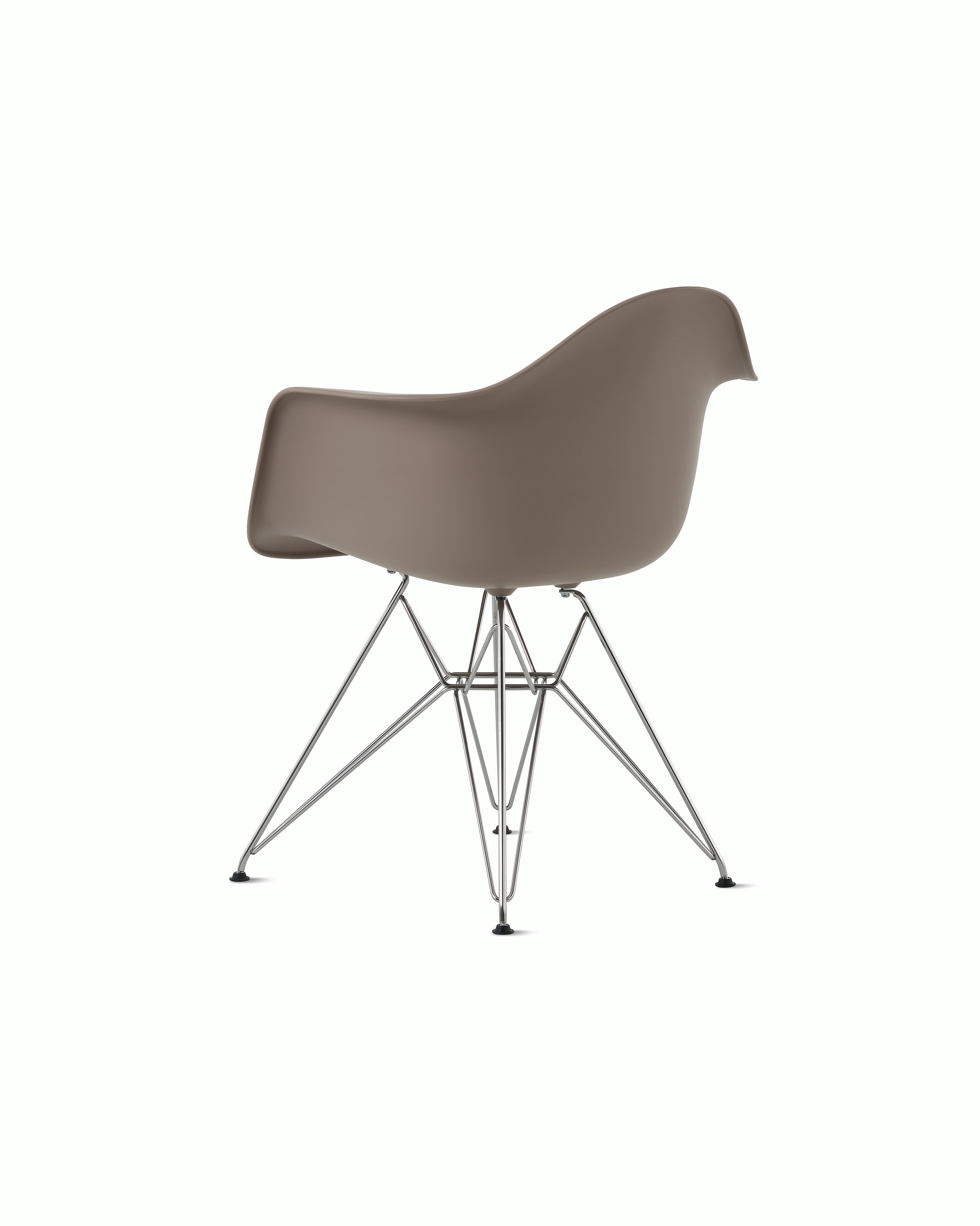 Back angle of cocoa plastic shell chair with wire base legs.