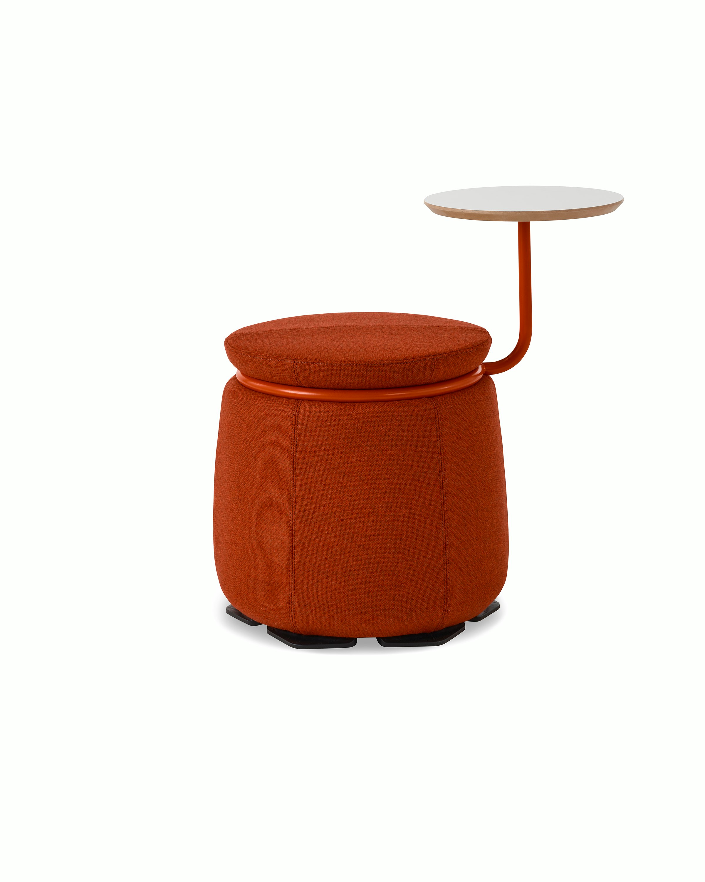 White background shot of Lasso stool with red fabric, red ring and white table top.