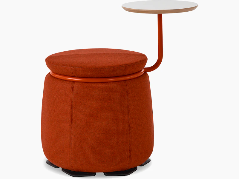 White background shot of Lasso stool with red fabric, red ring and white table top.