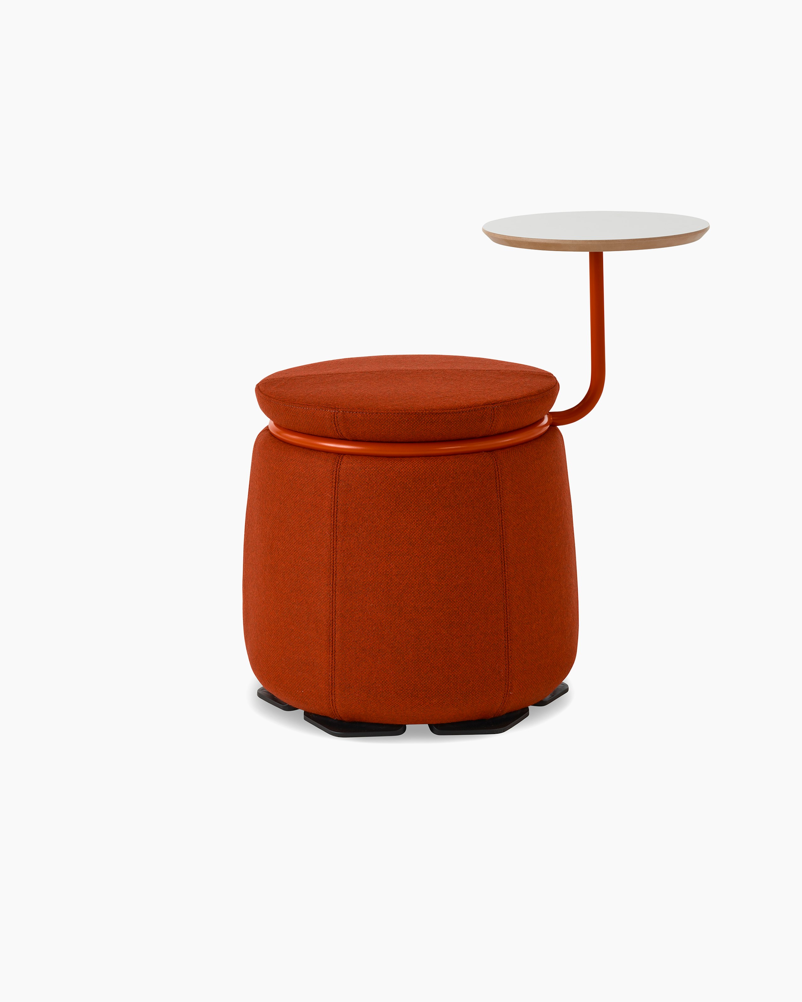 White background shot of Lasso stool with red fabric, red ring and white table top.