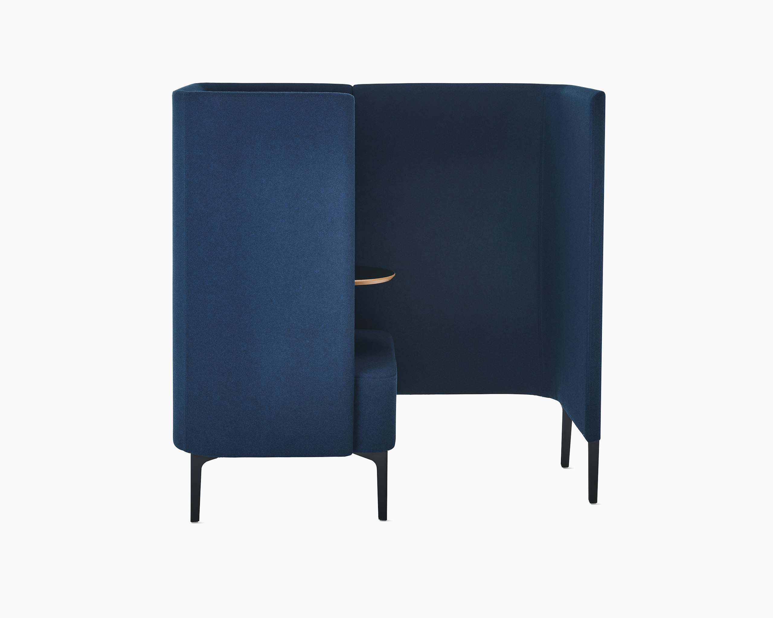 Whitesweep of Pullman Chair Pod on black steel legs, upholstered in blue fabric with screen left and a tablet arm.