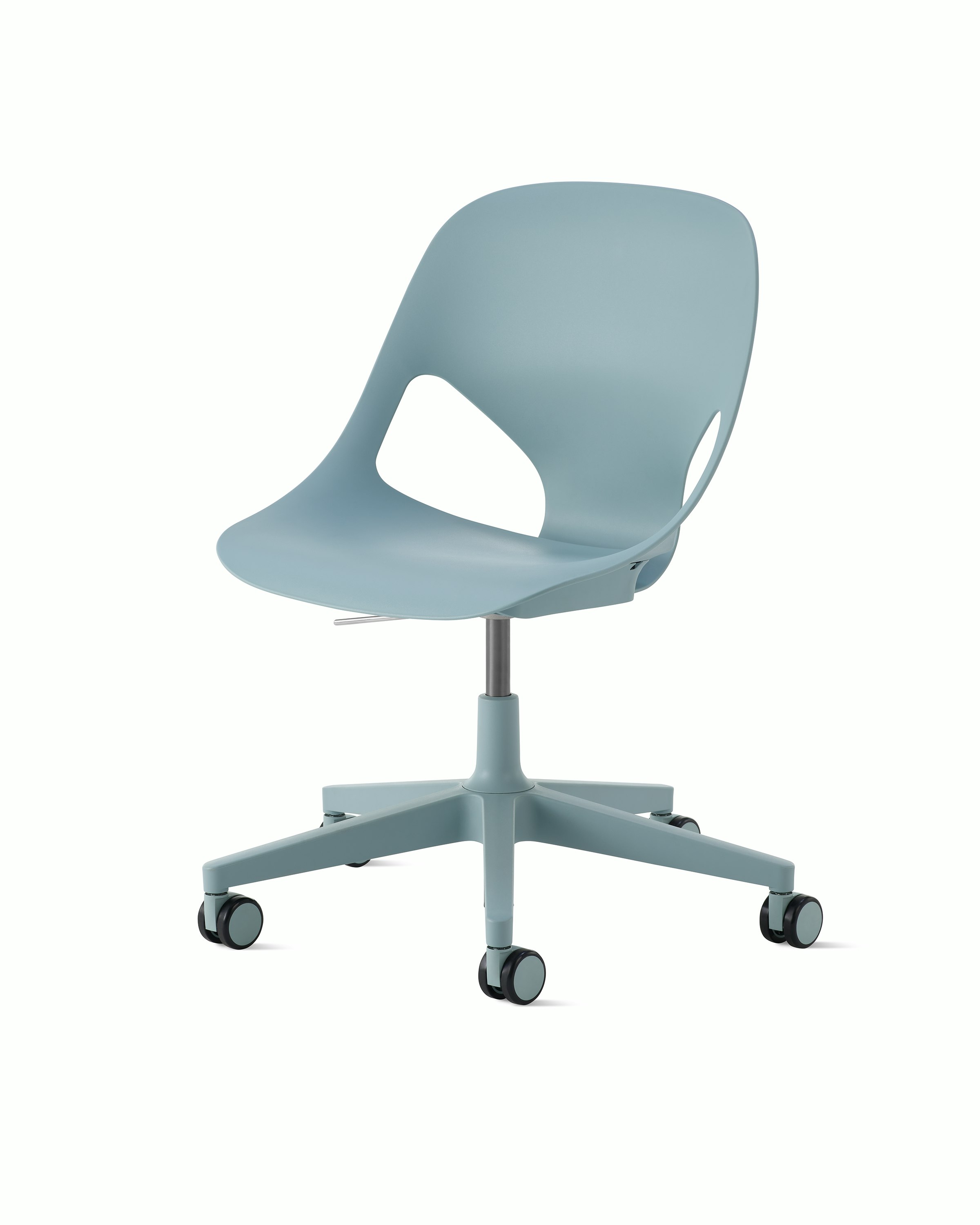 Front angle view of a light blue armless Zeph chair.