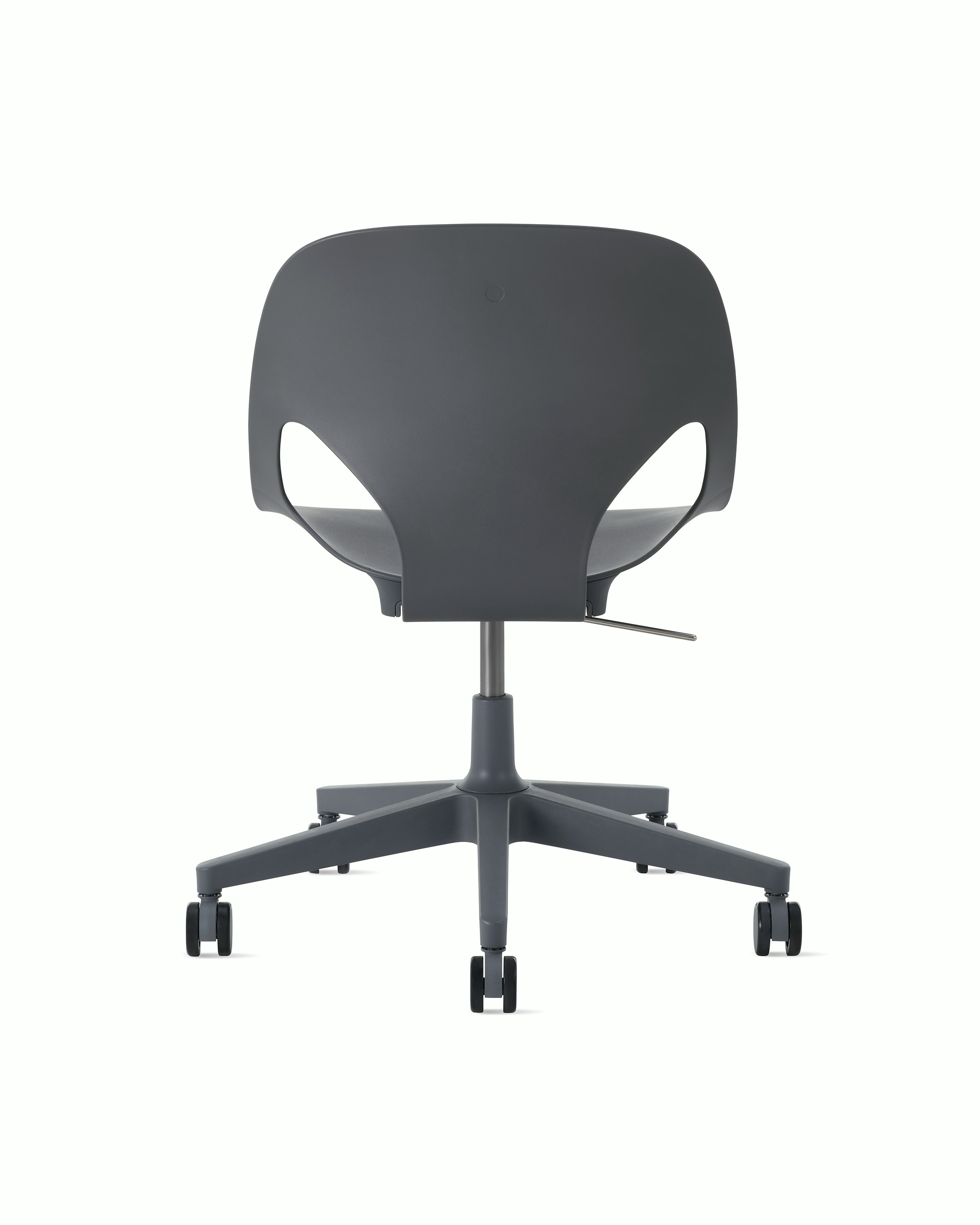 Rear view of a dark grey armless Zeph chair.