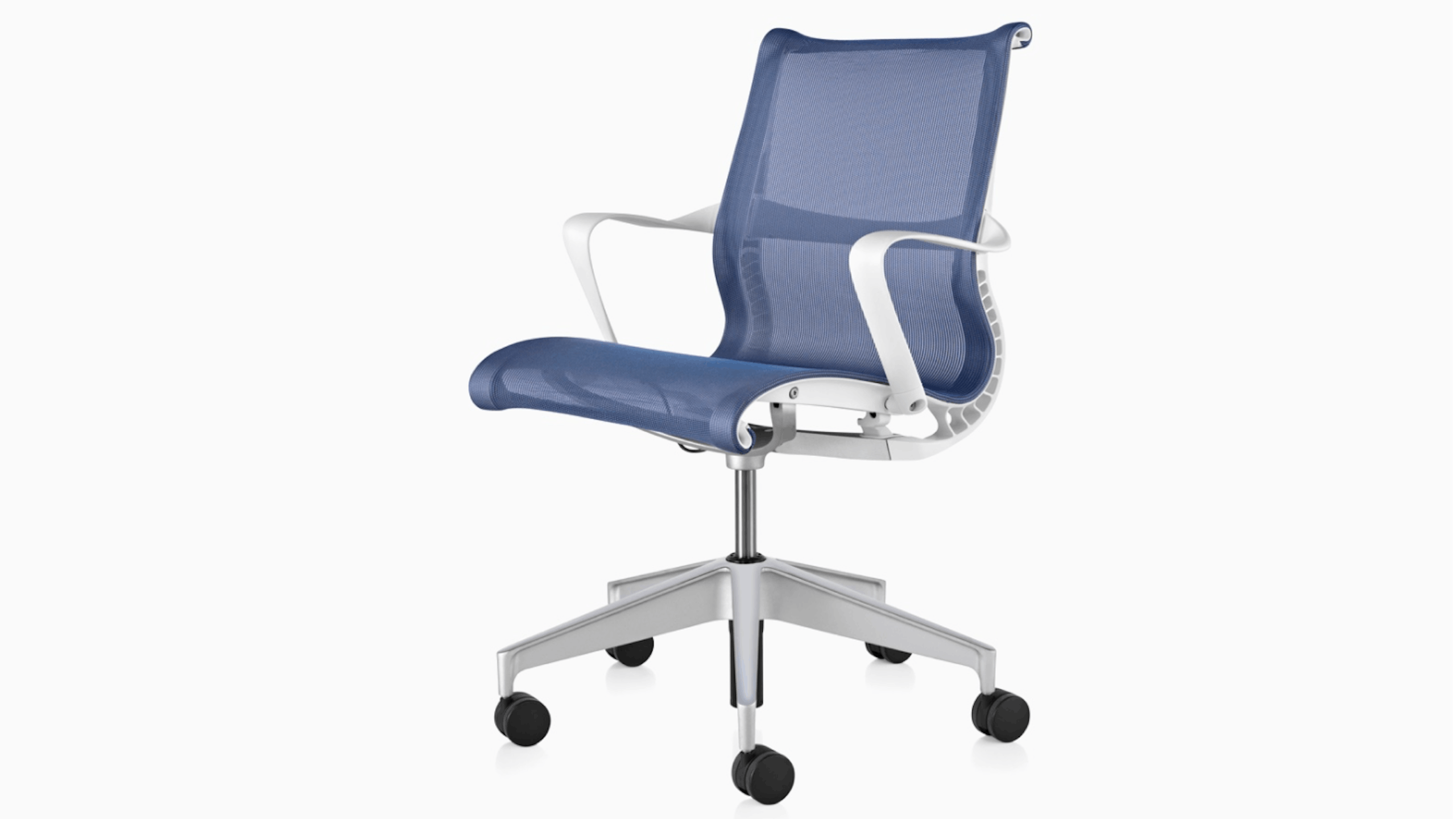 A three-quarter front view of a blue and silver Setu chair by Herman Miller