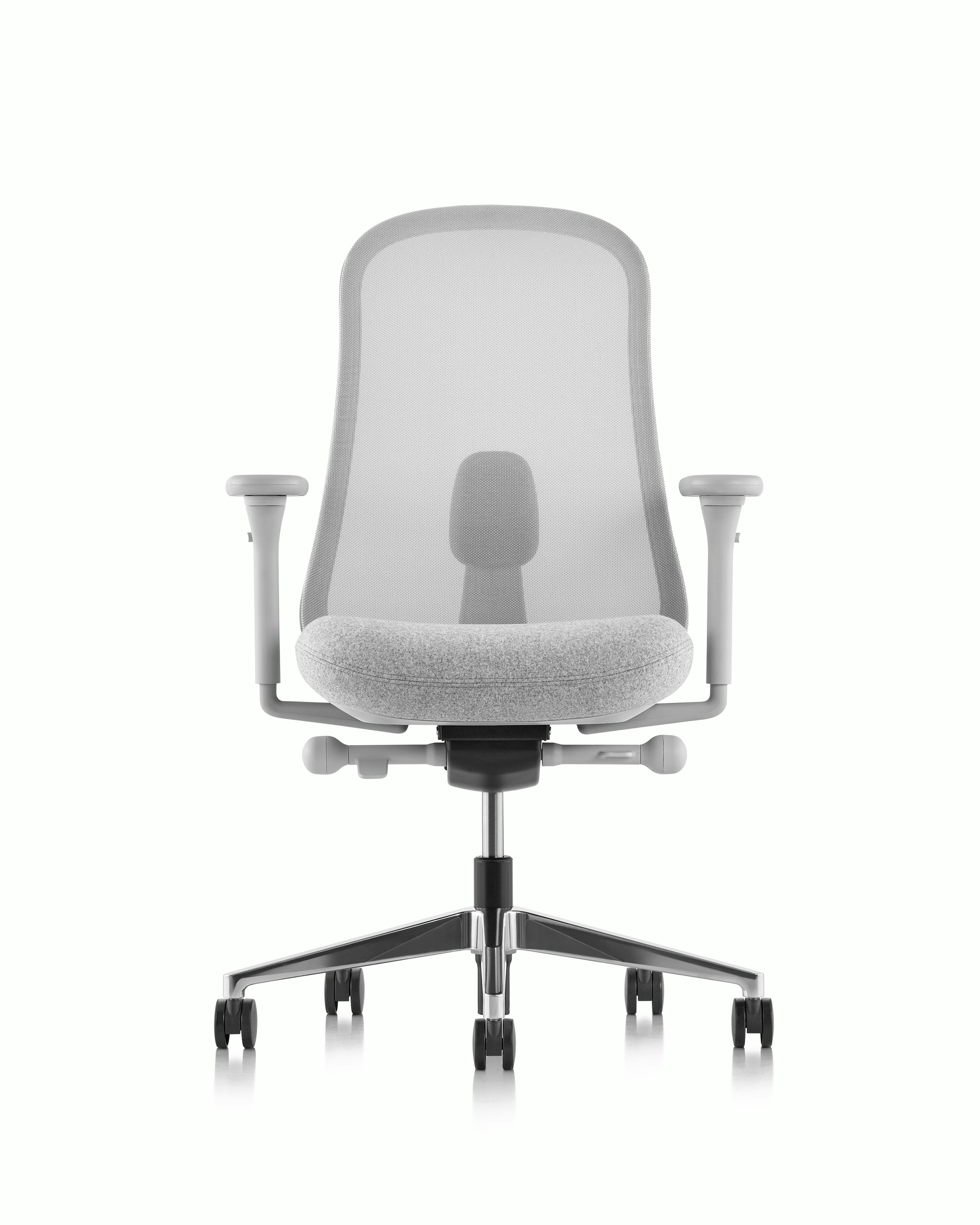 Grey Lino Chair with adjustable sacral lumbar support, viewed from the front.