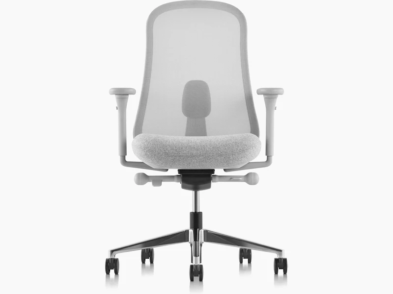 Grey Lino Chair with adjustable sacral lumbar support, viewed from the front.
