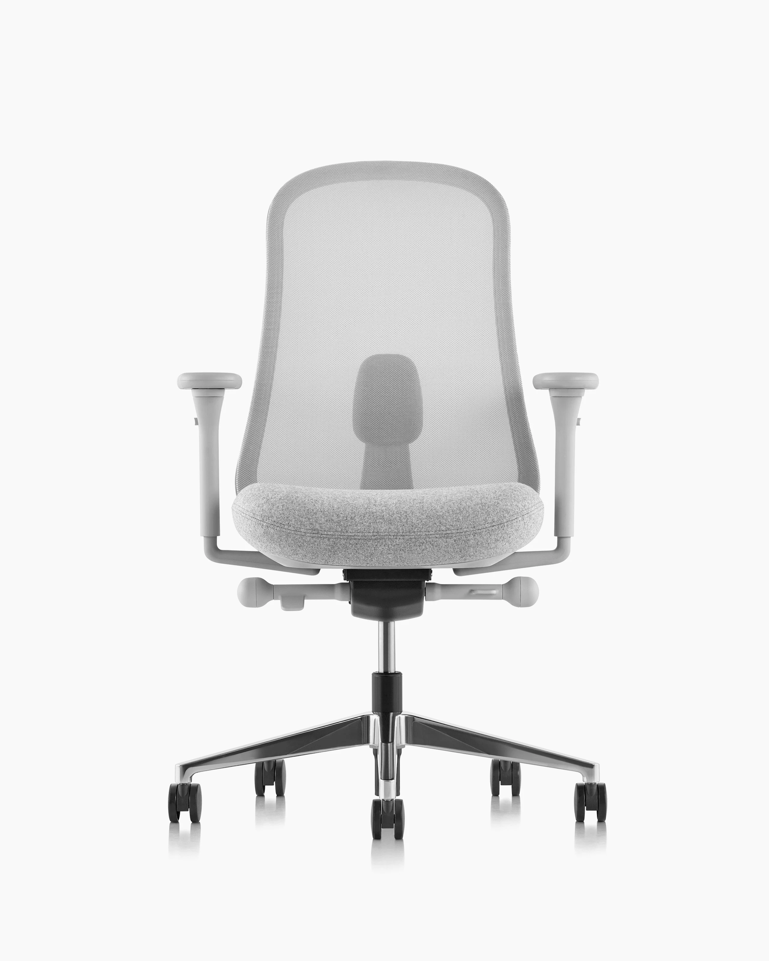 Grey Lino Chair with adjustable sacral lumbar support, viewed from the front.
