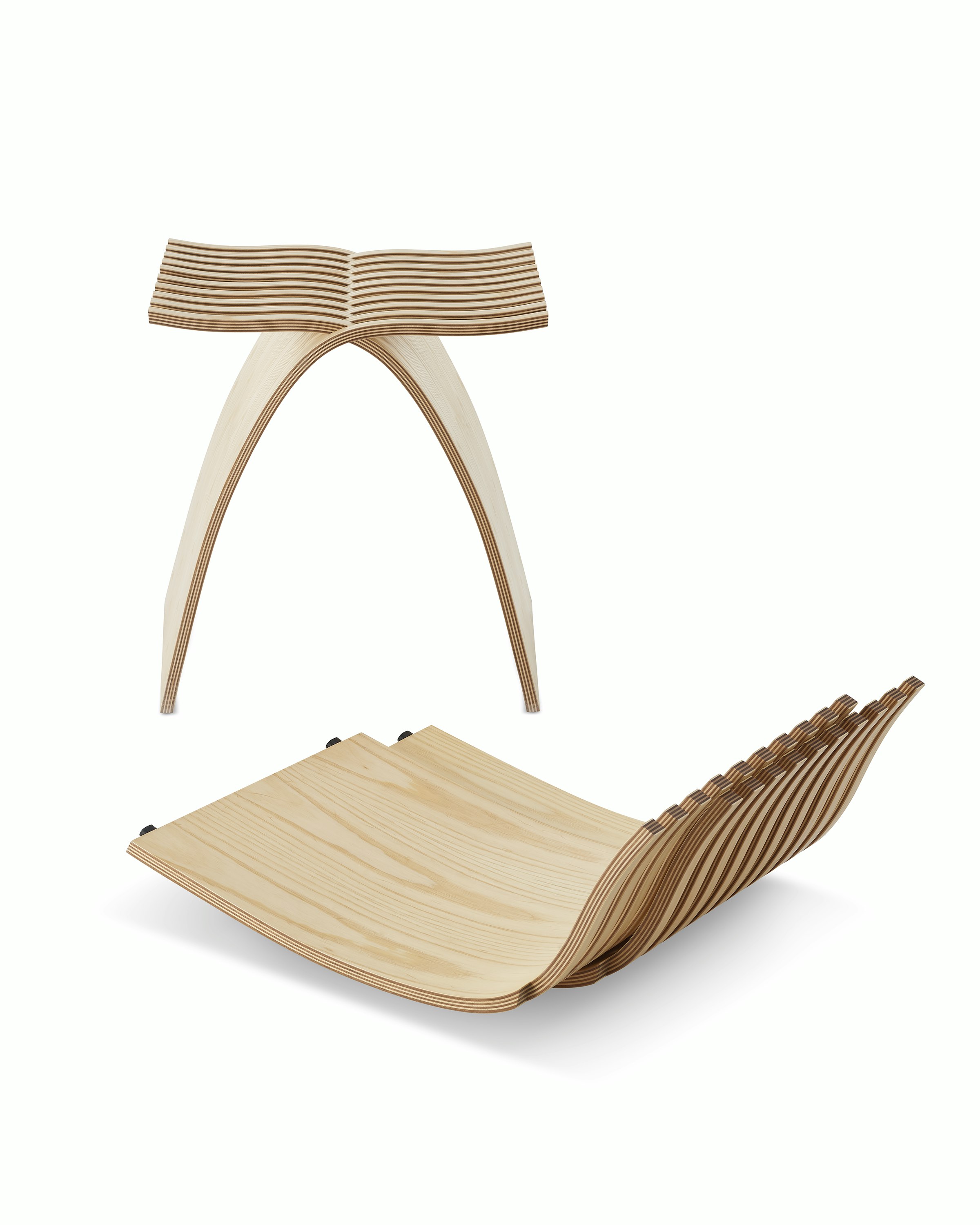 The two halves of a Capelli Stool are stacked in front of an assembled Capelli Stool.