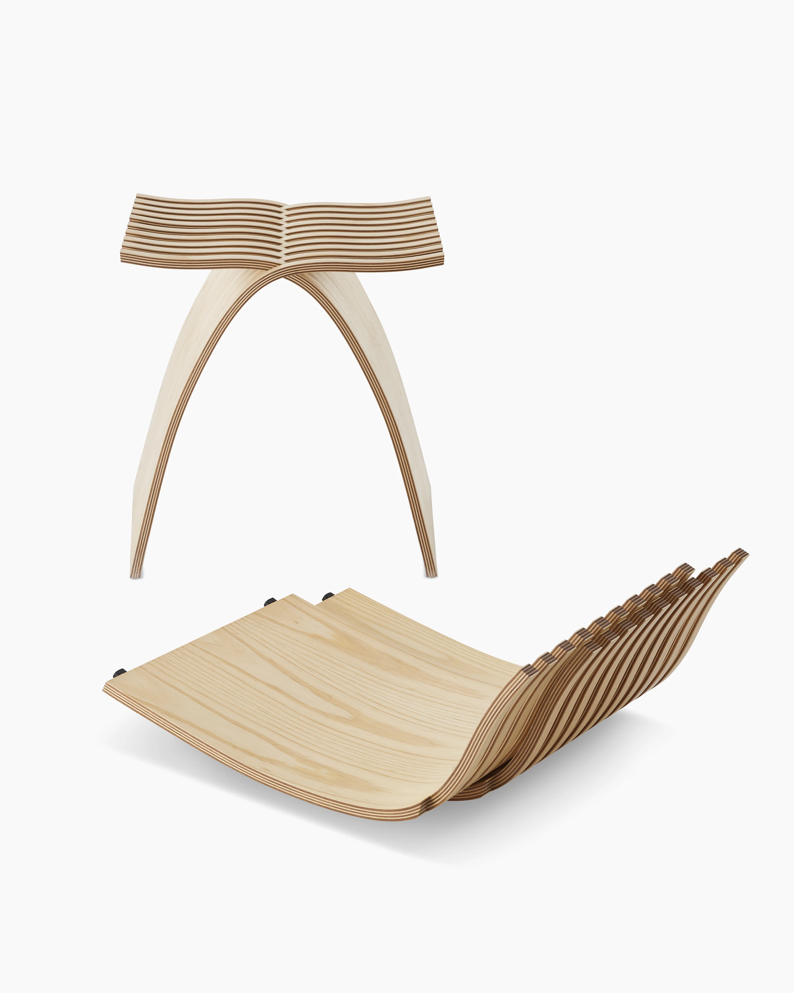 The two halves of a Capelli Stool are stacked in front of an assembled Capelli Stool.