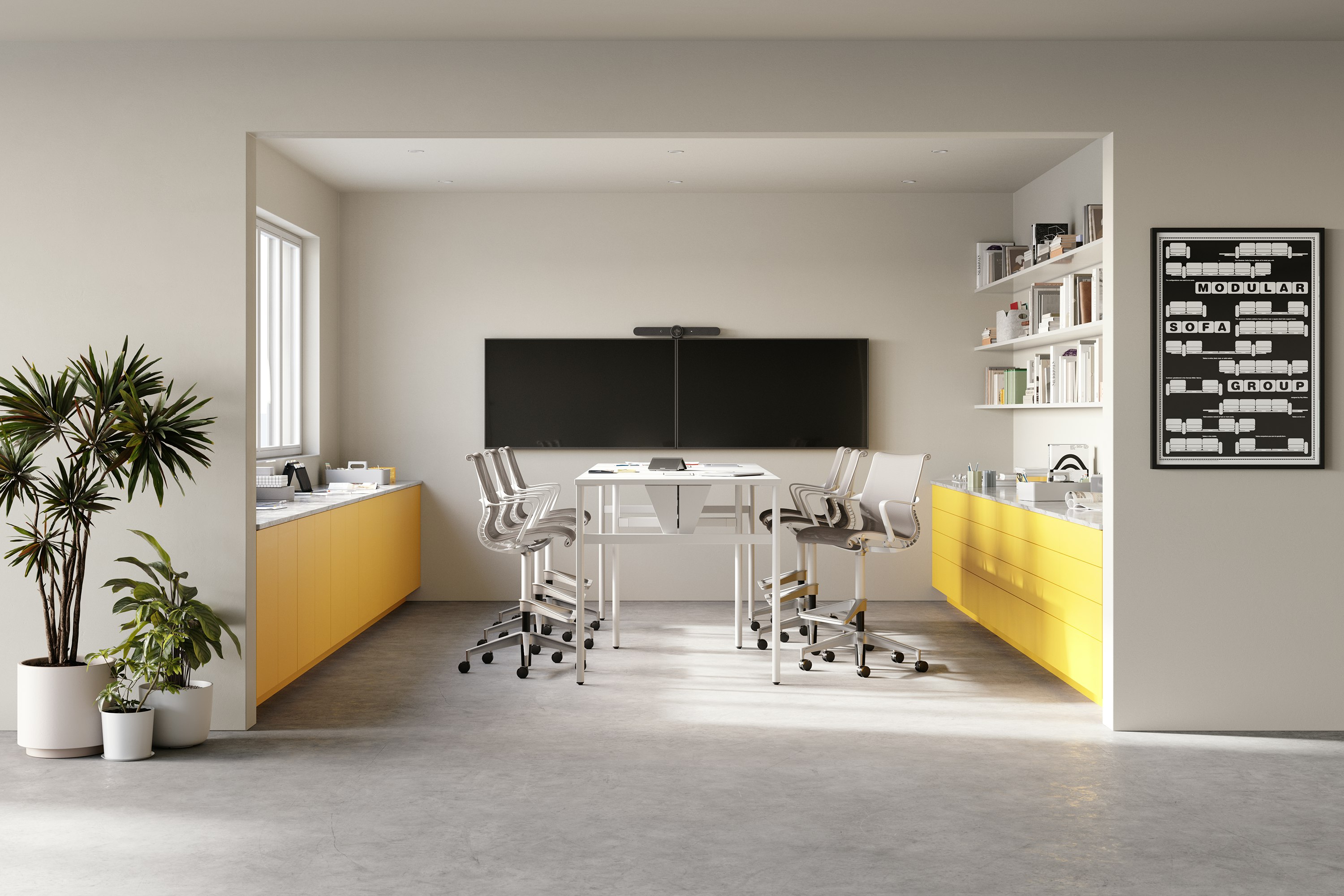 Six Setu Stools surround a table in a collaborative work space.