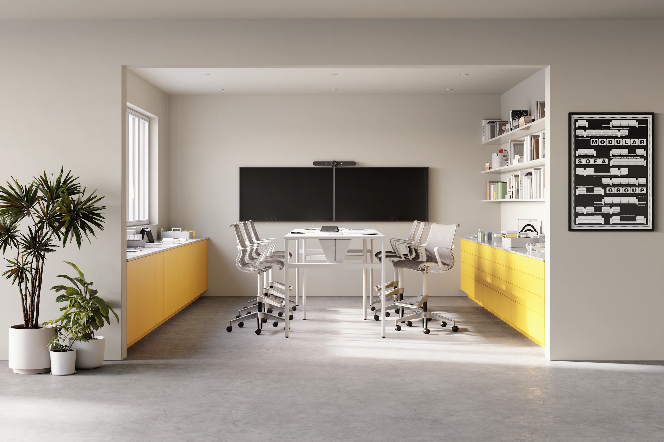 Six Setu Stools surround a table in a collaborative work space.